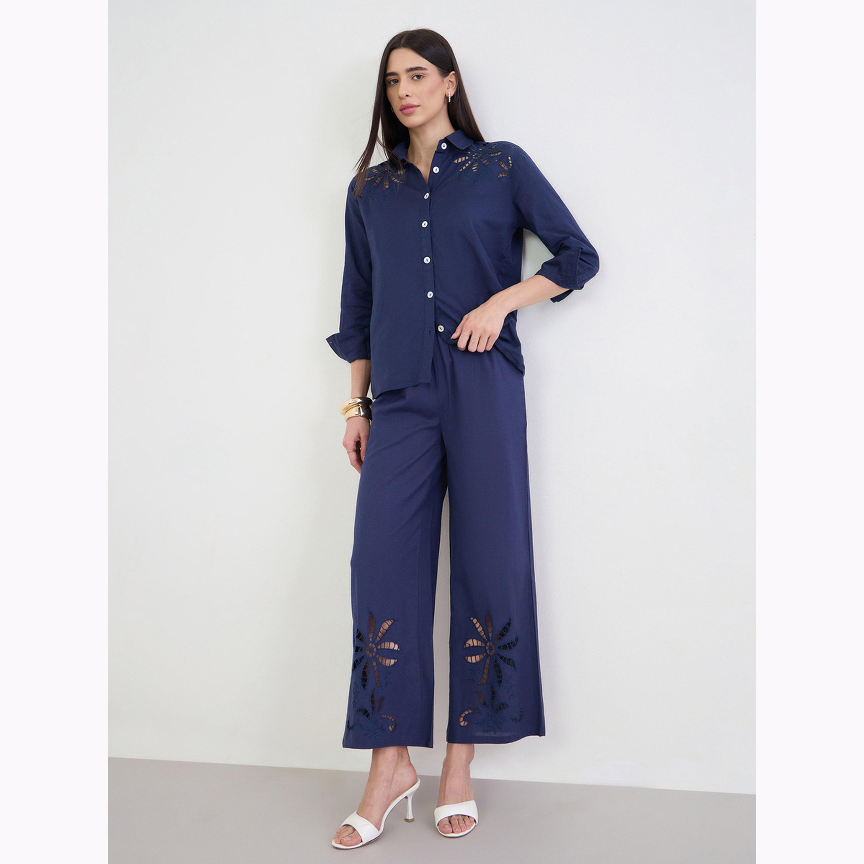 Styli Navy Blue Embroidered Oversized Eyelet Shirt-women-clothing-shirtsandblouses-shirts-image-2