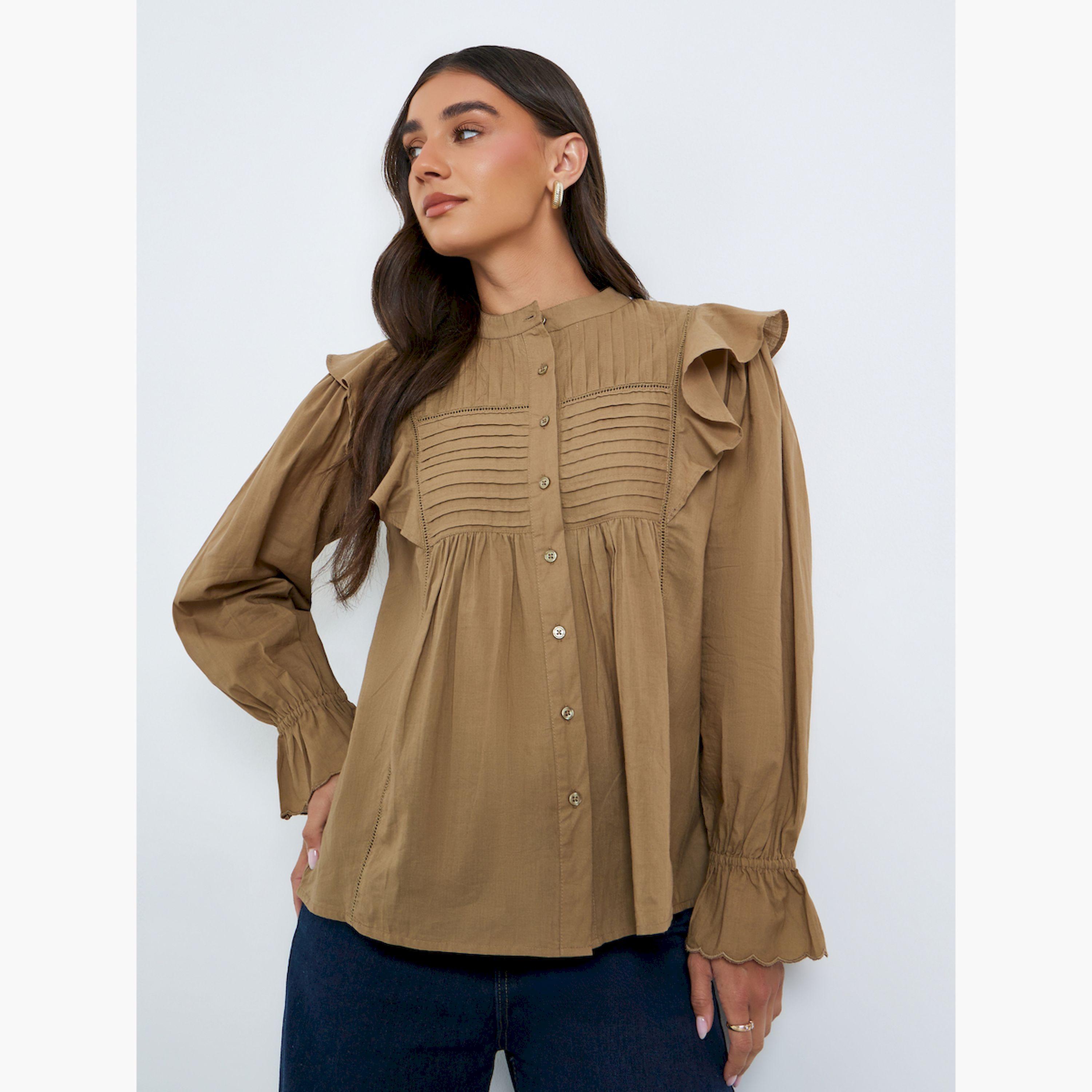 Styli Brown Ruffle Detail Pintuck Blouse-women-clothing-shirtsandblouses-blouses-image-1