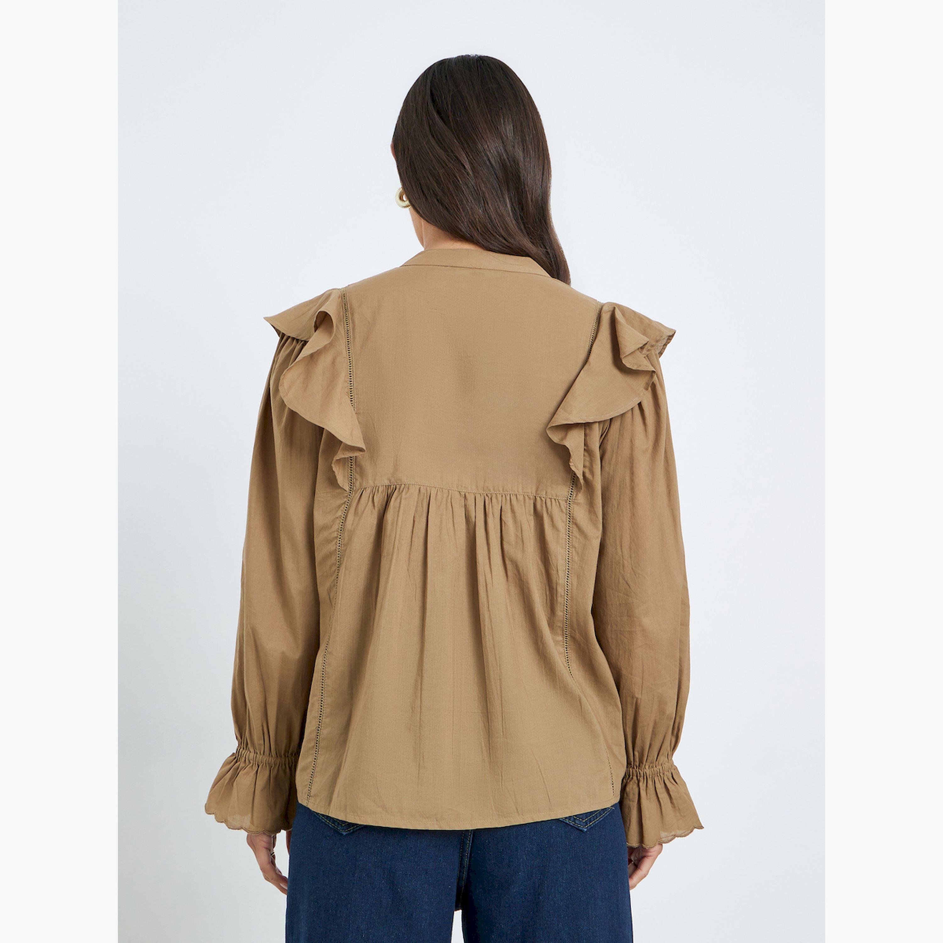 Styli Brown Ruffle Detail Pintuck Blouse-women-clothing-shirtsandblouses-blouses-image-3