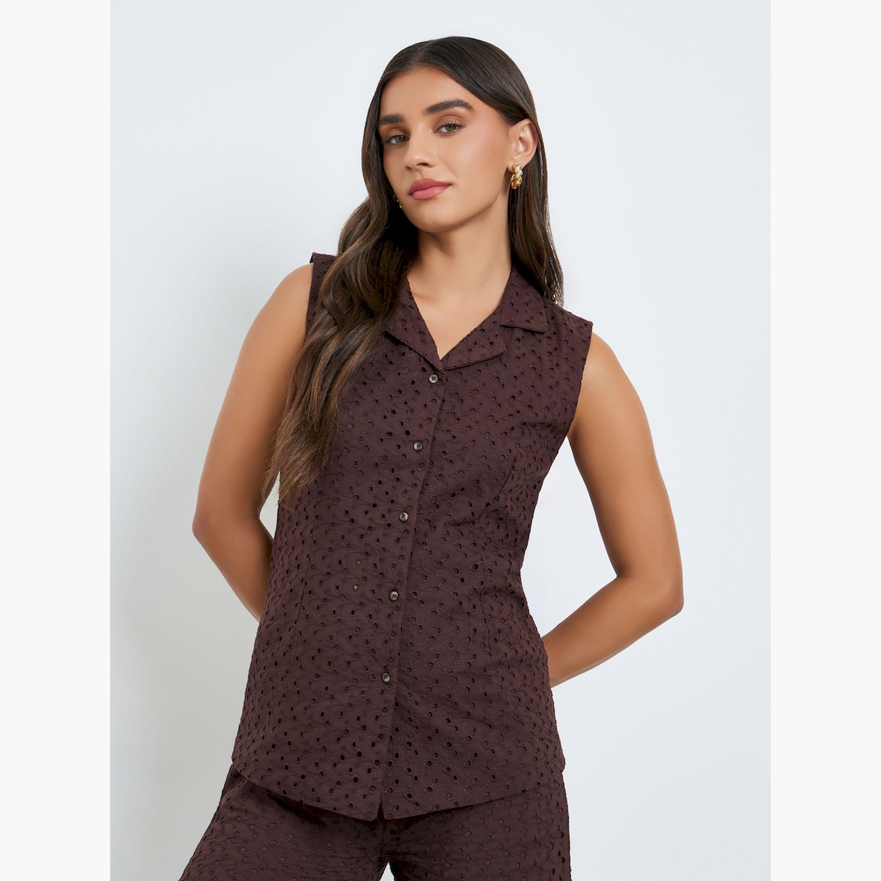 Styli Women Brown Sleeveless Eyelet Blouse-women-clothing-shirtsandblouses-blouses-image-1