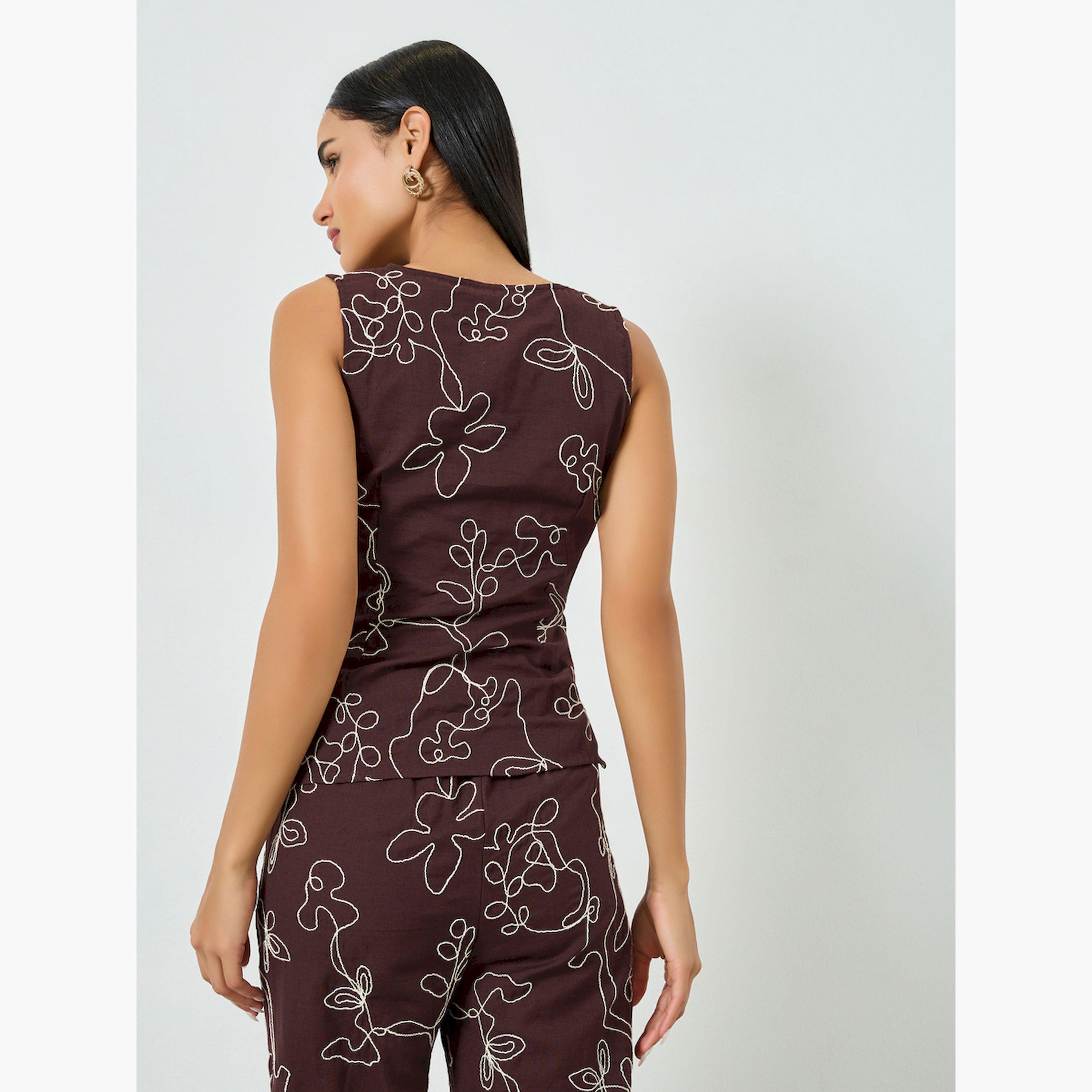 Styli Brown Embroidered V Neck Blouse-women-clothing-shirtsandblouses-blouses-image-4