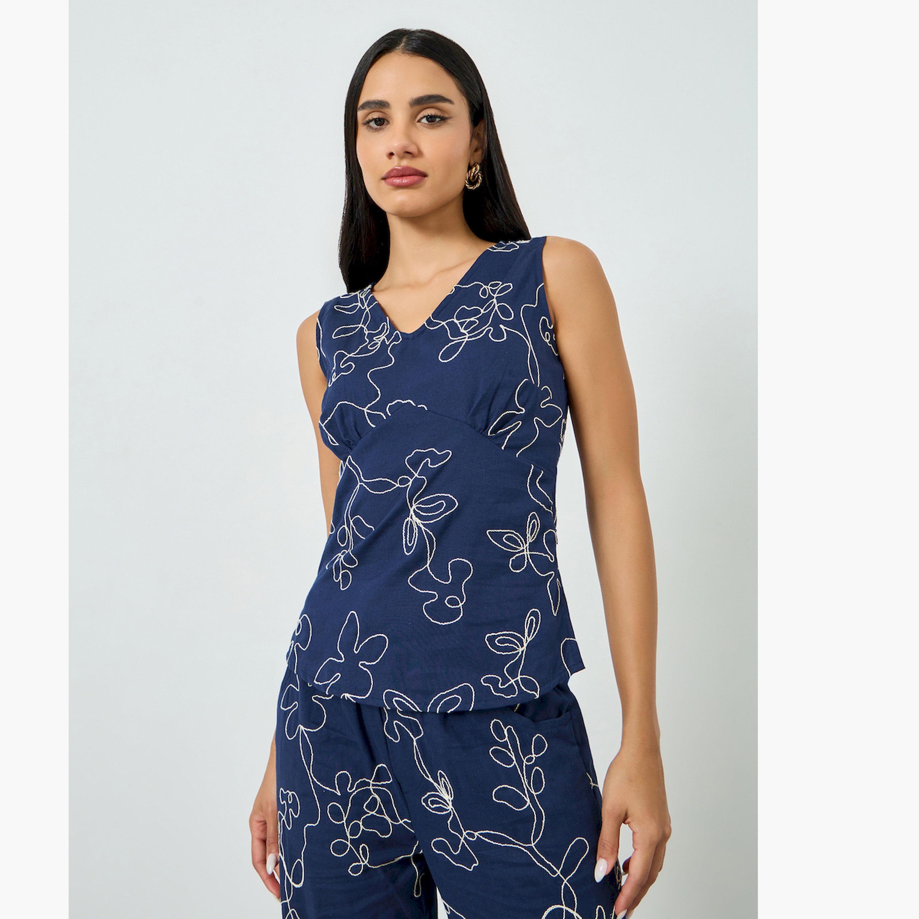Styli Navy Blue Embroidered V Neck Blouse-women-clothing-shirtsandblouses-blouses-image-1