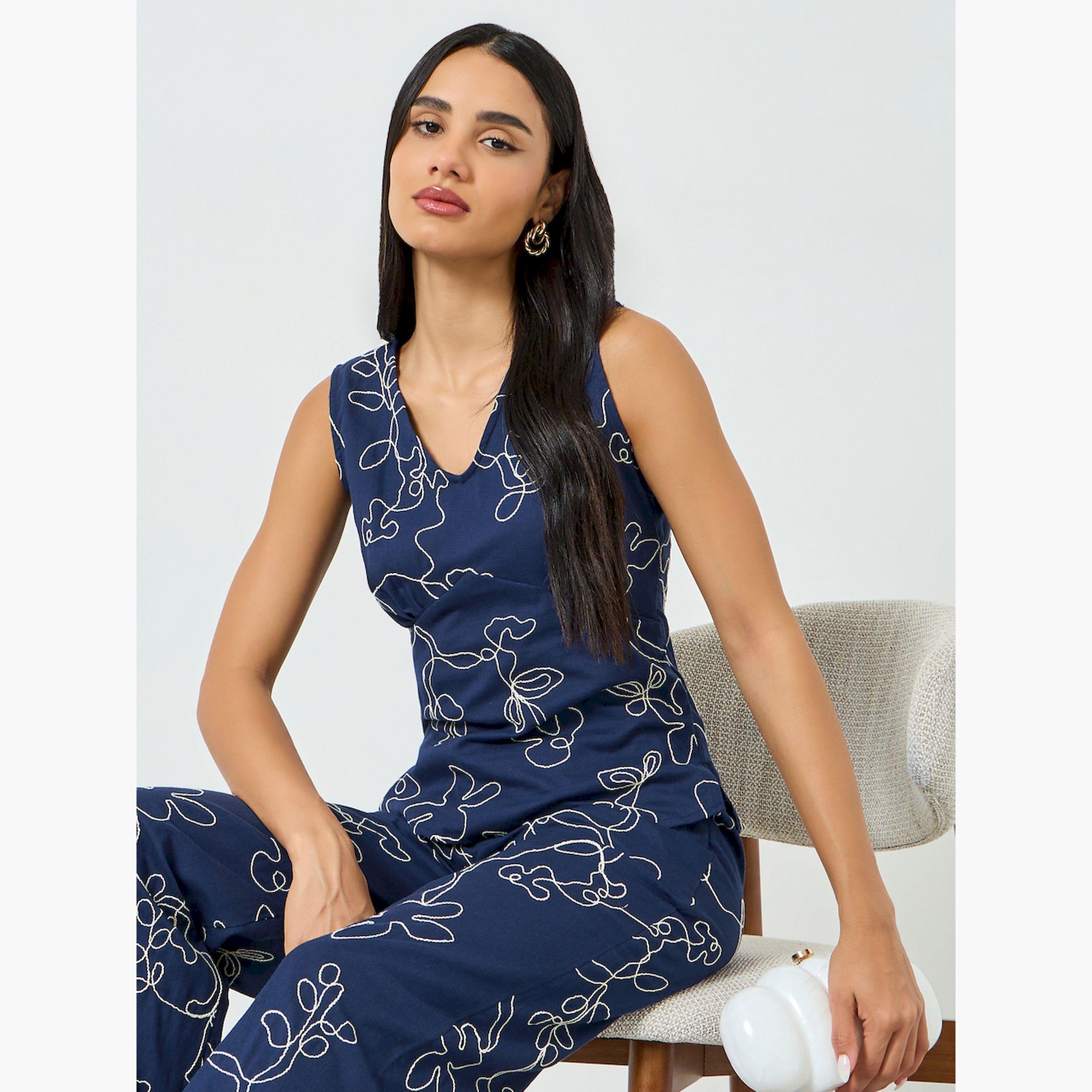 Styli Navy Blue Embroidered V Neck Blouse-women-clothing-shirtsandblouses-blouses-image-3
