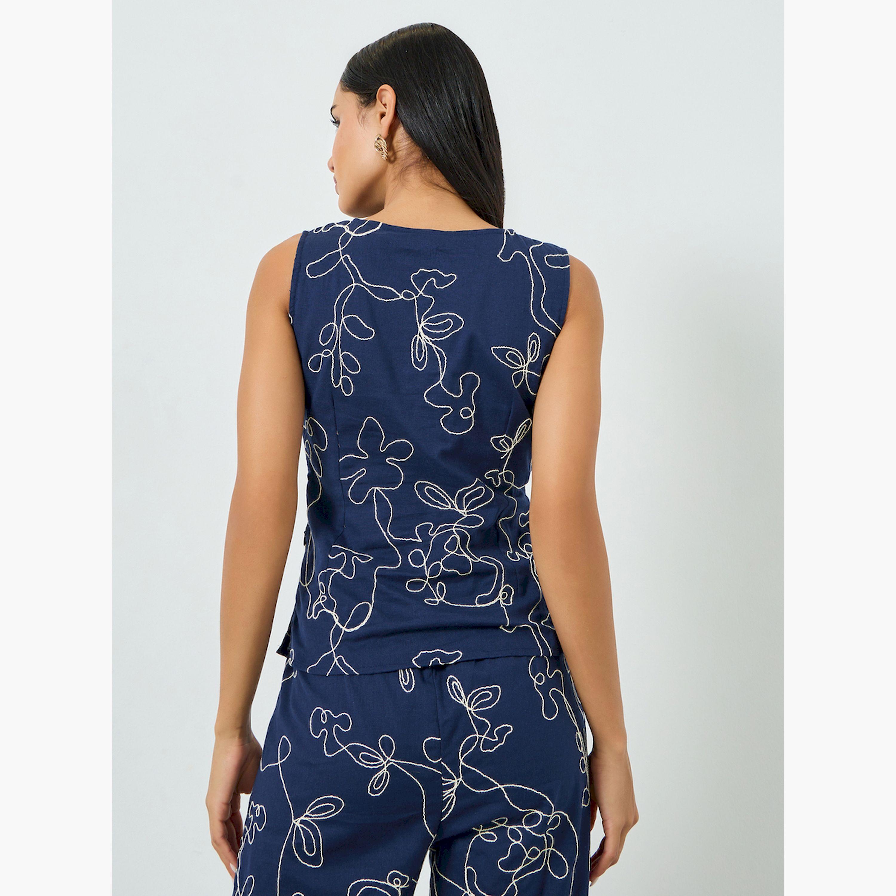 Styli Navy Blue Embroidered V Neck Blouse-women-clothing-shirtsandblouses-blouses-image-4