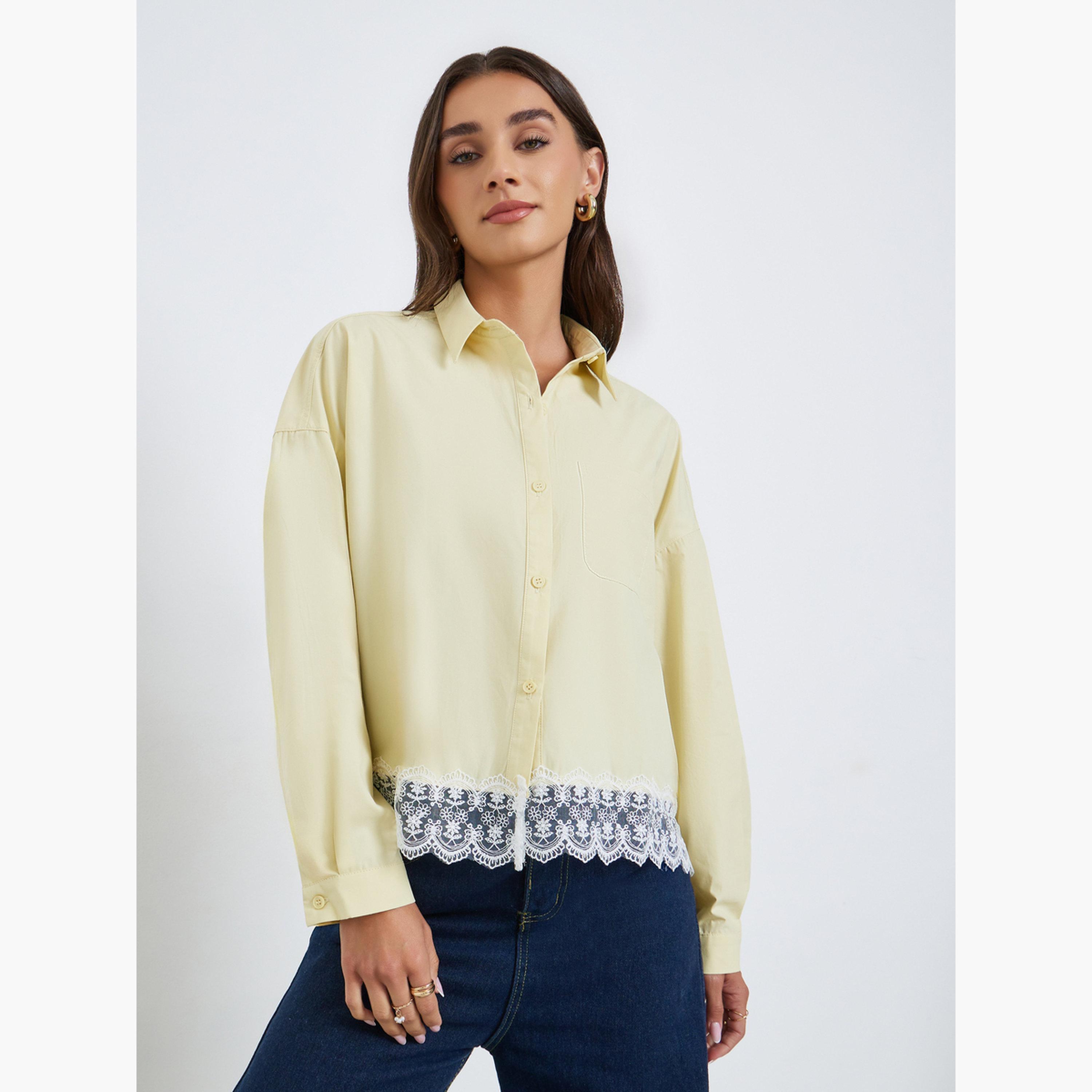 ستايلي - قميص أصفر بأكمام طويلة وحواف من الدانتيل-women-clothing-shirtsandblouses-shirts-image-1