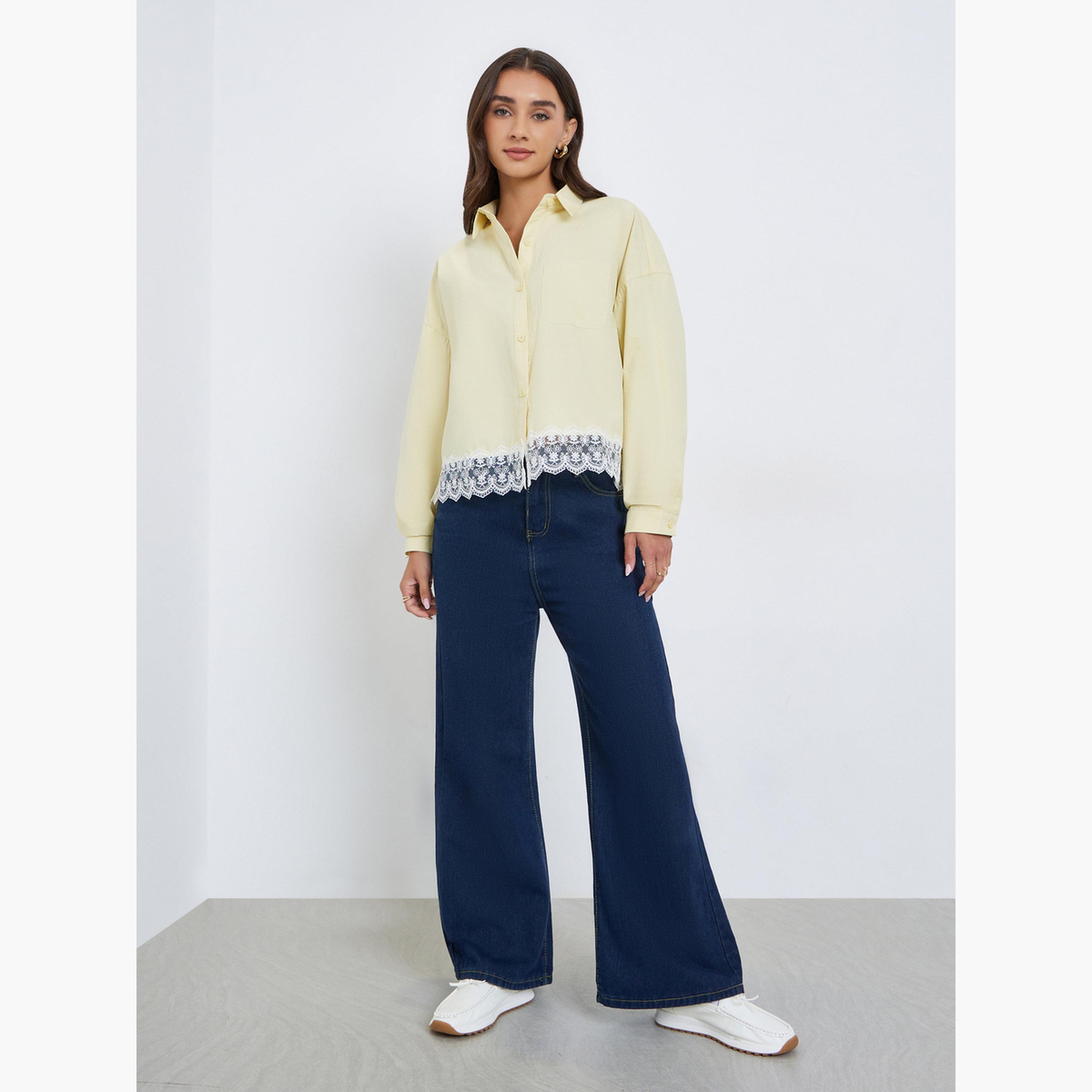 ستايلي - قميص أصفر بأكمام طويلة وحواف من الدانتيل-women-clothing-shirtsandblouses-shirts-image-2