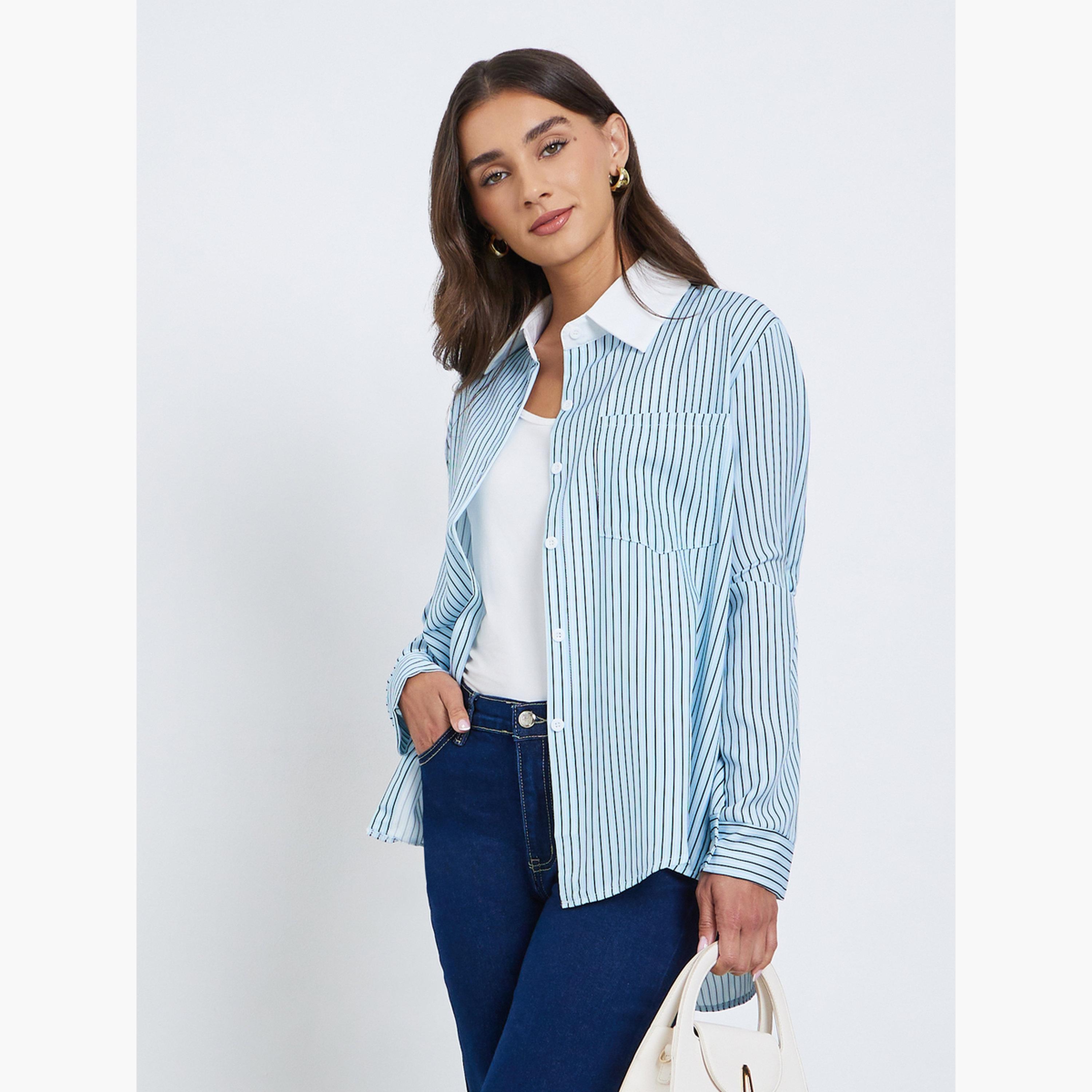 Styli Blue Striped Oversized Shirt-women-clothing-shirtsandblouses-shirts-image-1