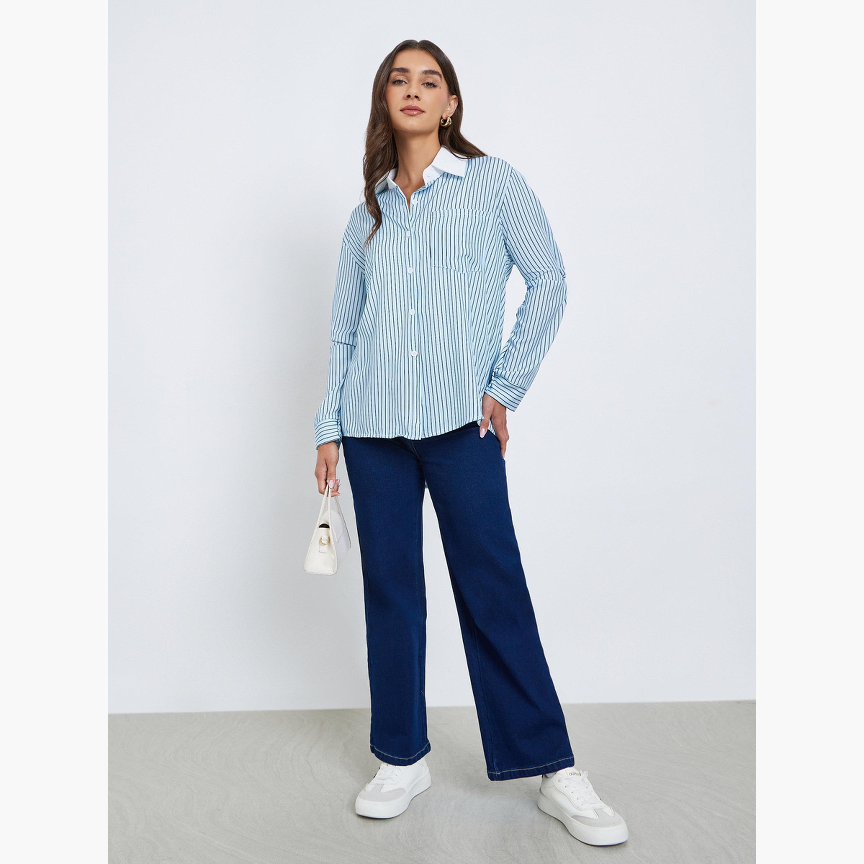 ستايلي - قميص مخطط أزرق مقاس واسع-women-clothing-shirtsandblouses-shirts-image-2