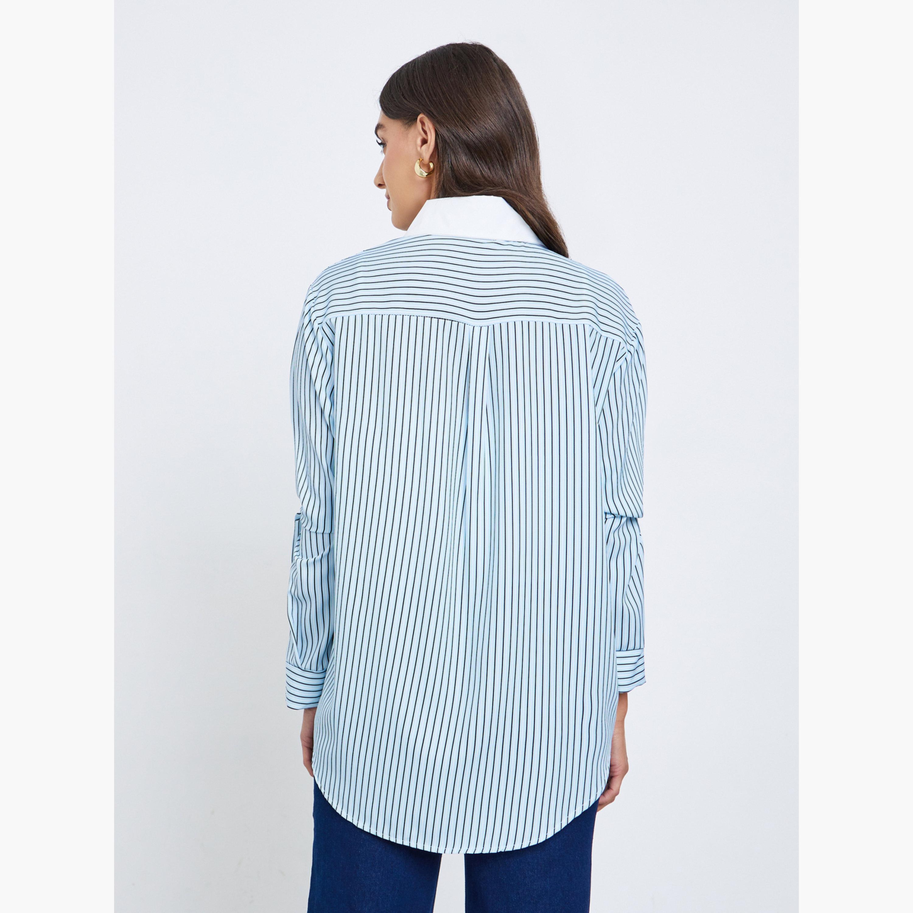 Styli Blue Striped Oversized Shirt-women-clothing-shirtsandblouses-shirts-image-5