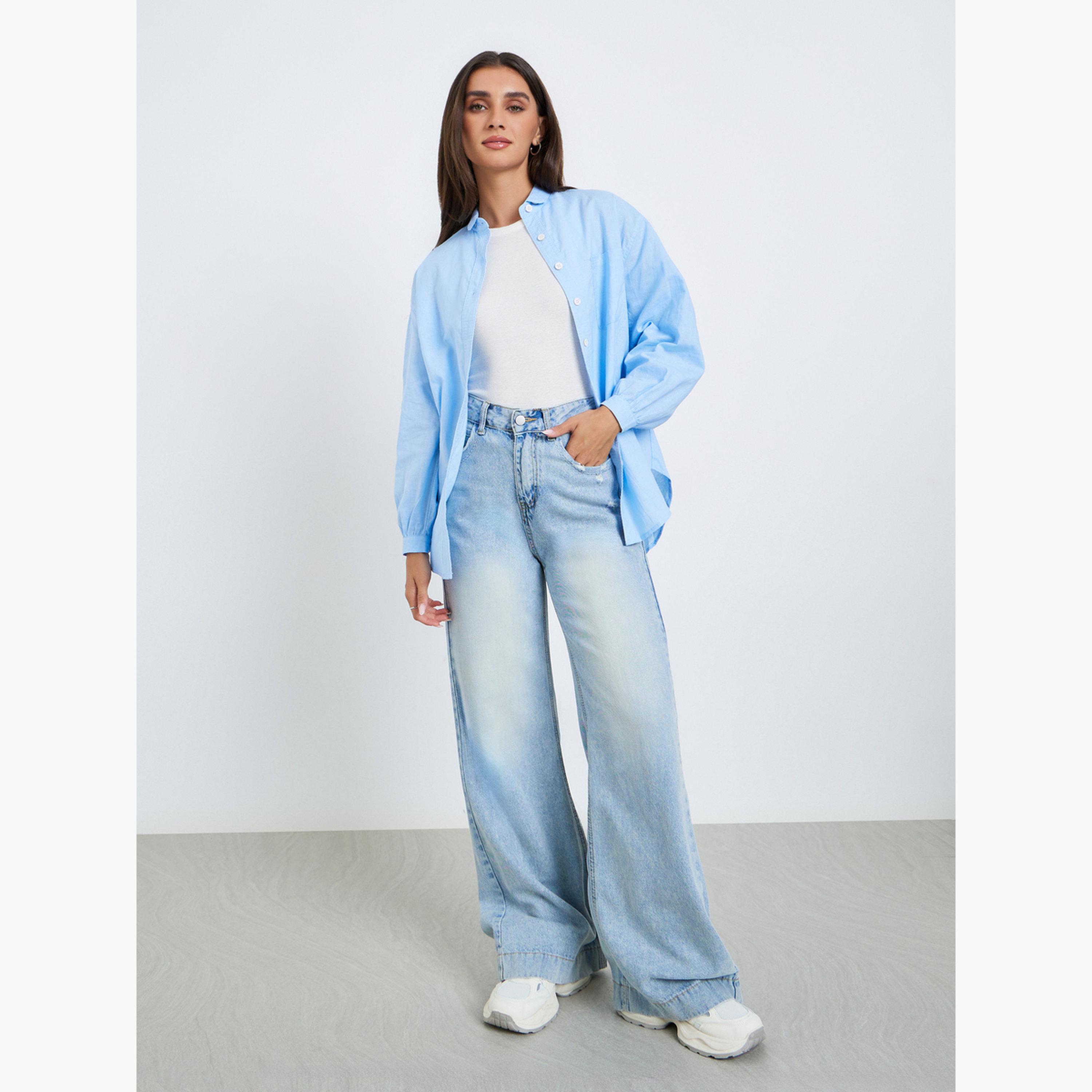 Styli Women Light Blue Oversized Linen Shirt-women-clothing-shirtsandblouses-shirts-image-2