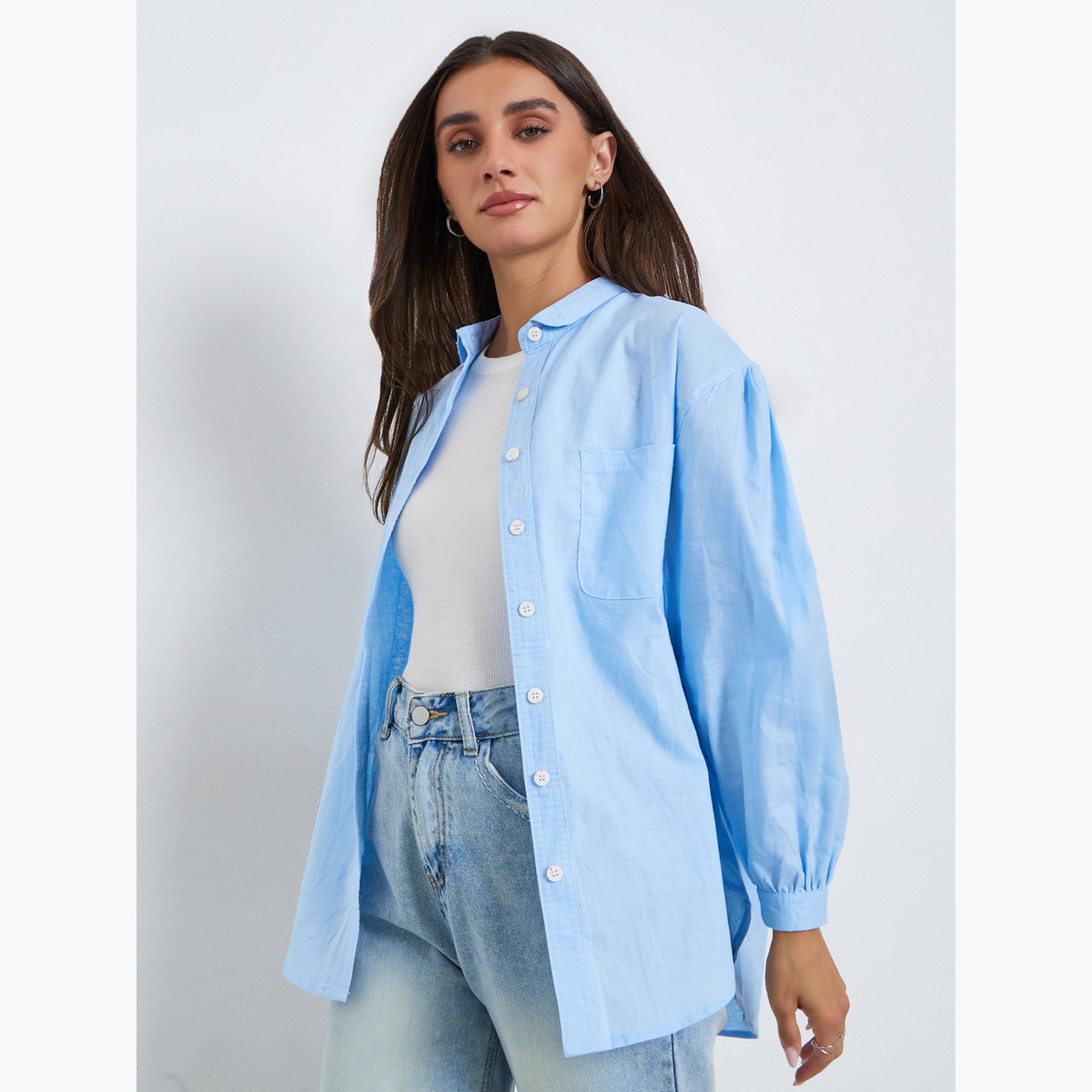 Styli Women Light Blue Oversized Linen Shirt-women-clothing-shirtsandblouses-shirts-image-3