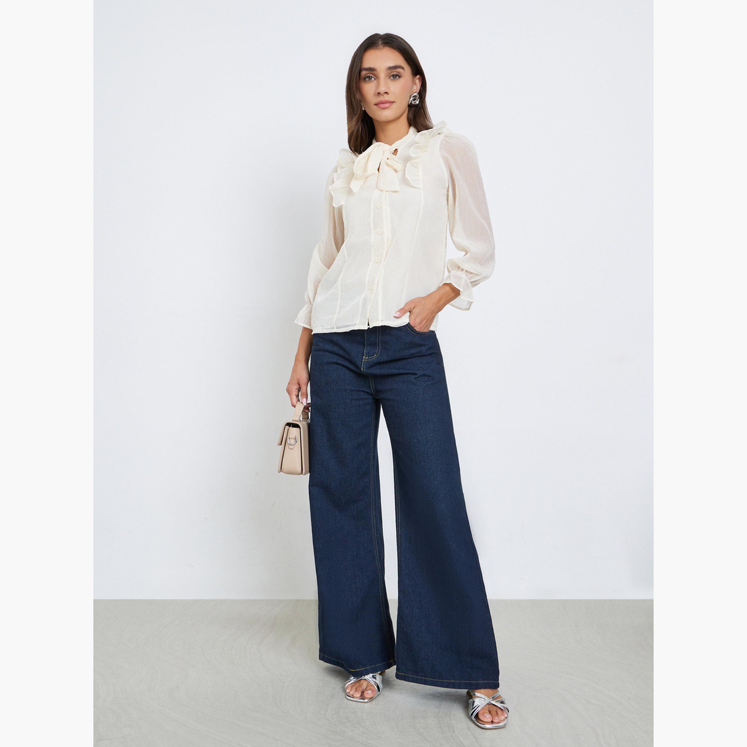 Styli Beige Ruffle Tie-Up Neck Blouse-women-clothing-shirtsandblouses-blouses-image-1