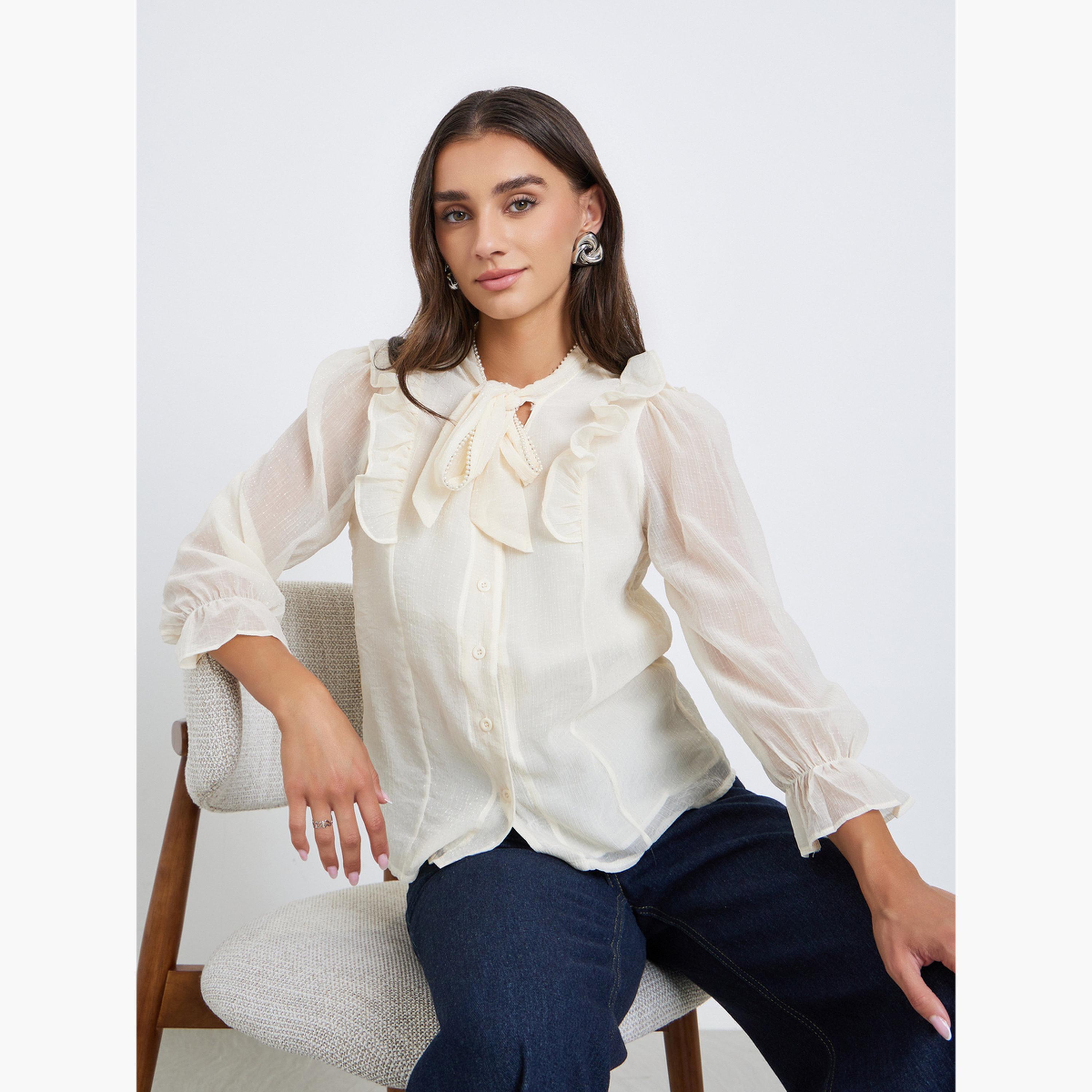 Styli Beige Ruffle Tie-Up Neck Blouse-women-clothing-shirtsandblouses-blouses-image-2