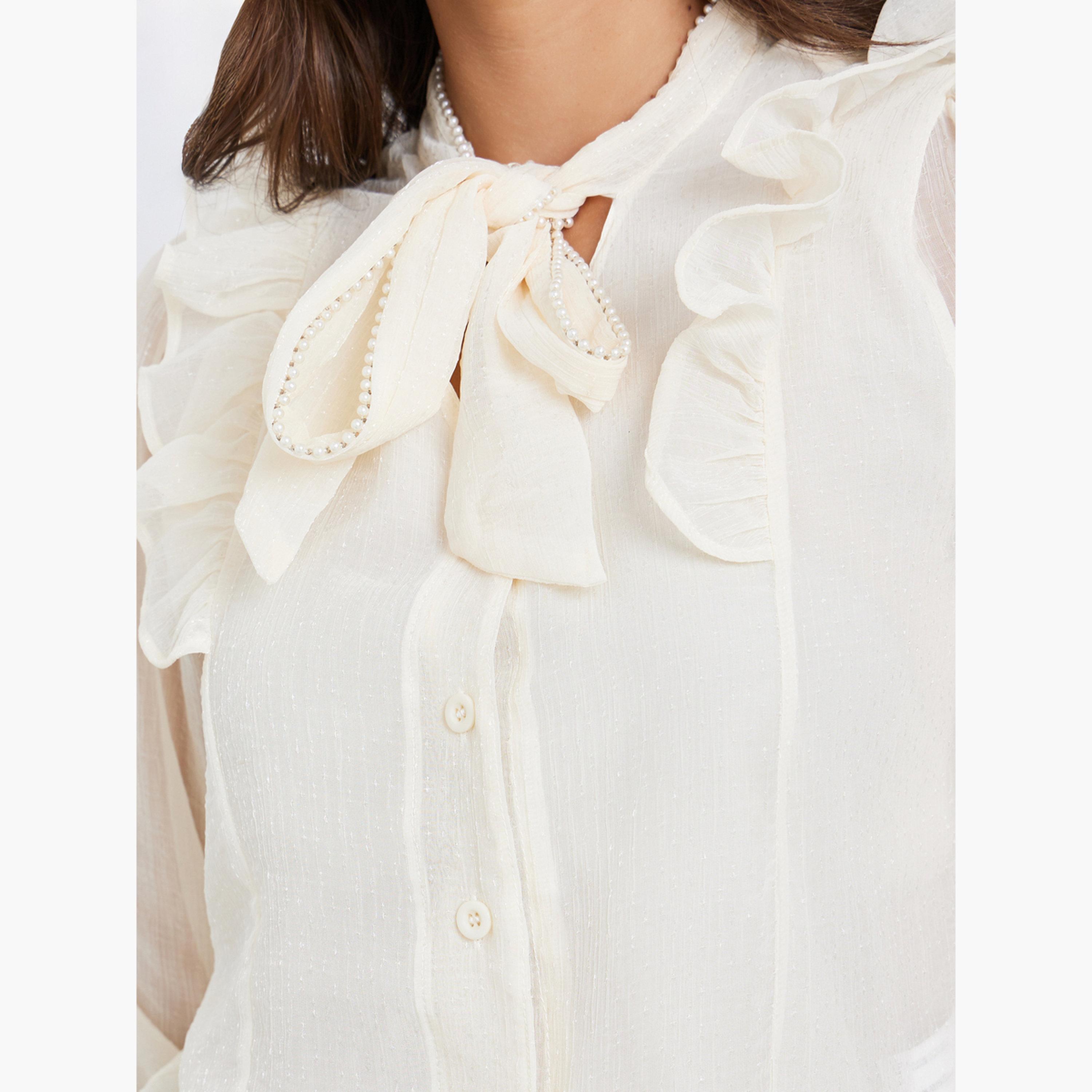Styli Beige Ruffle Tie-Up Neck Blouse-women-clothing-shirtsandblouses-blouses-image-4
