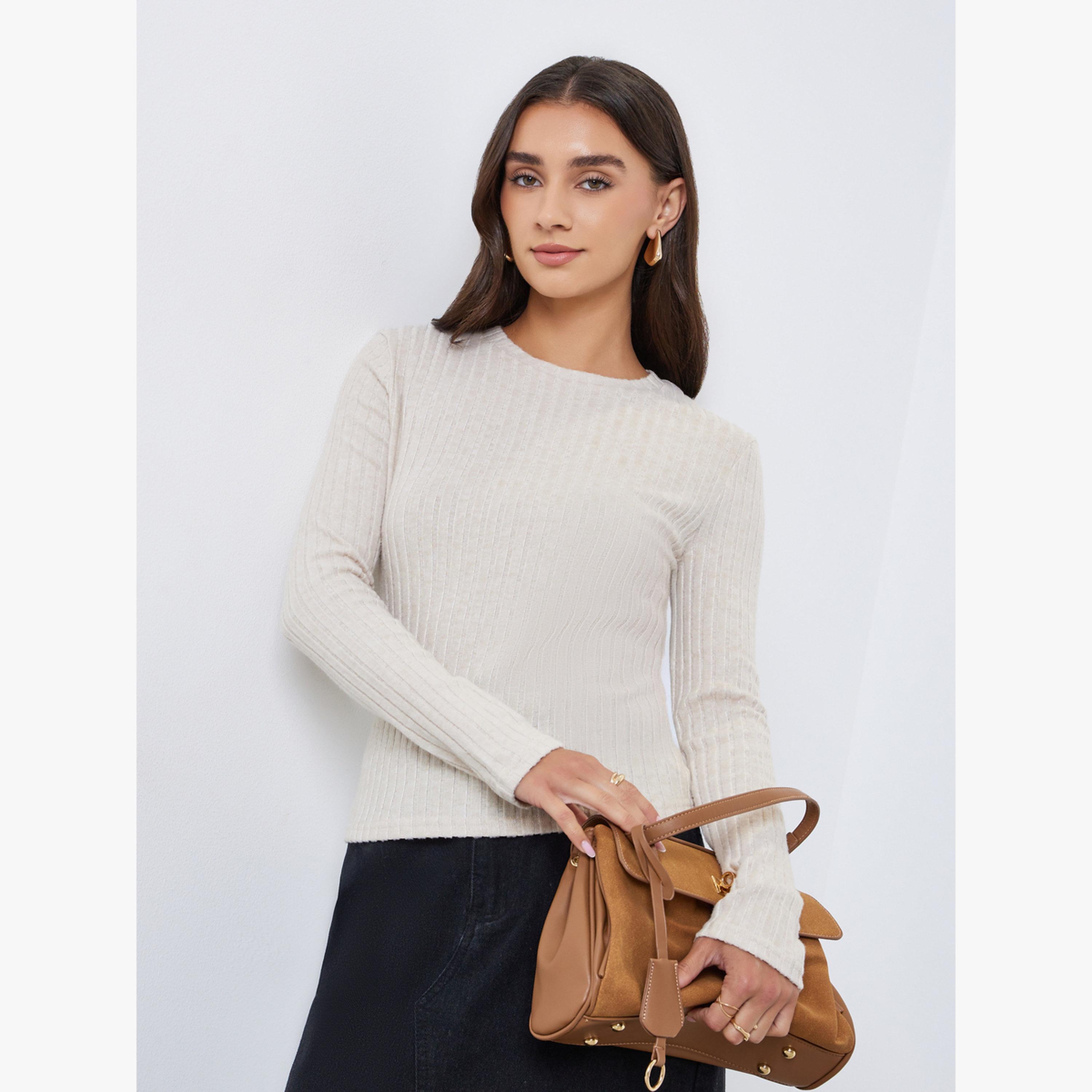 Styli Beige Ribbed Knit Long Sleeve Top-women-clothing-shirtsandblouses-blouses-image-1