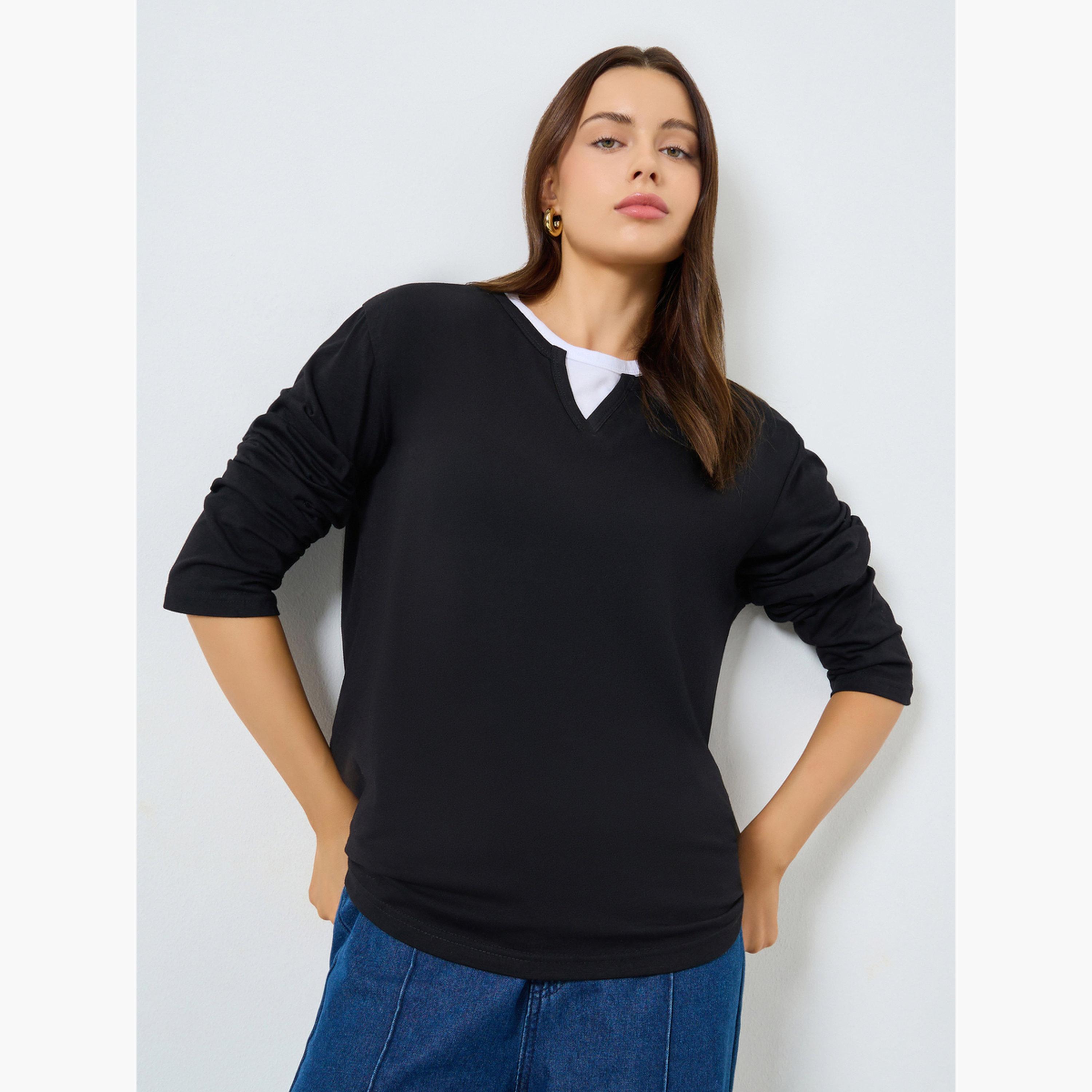 Styli Black Oversized Knit Contrast Neckline T-Shirt-women-clothing-tshirts-image-1