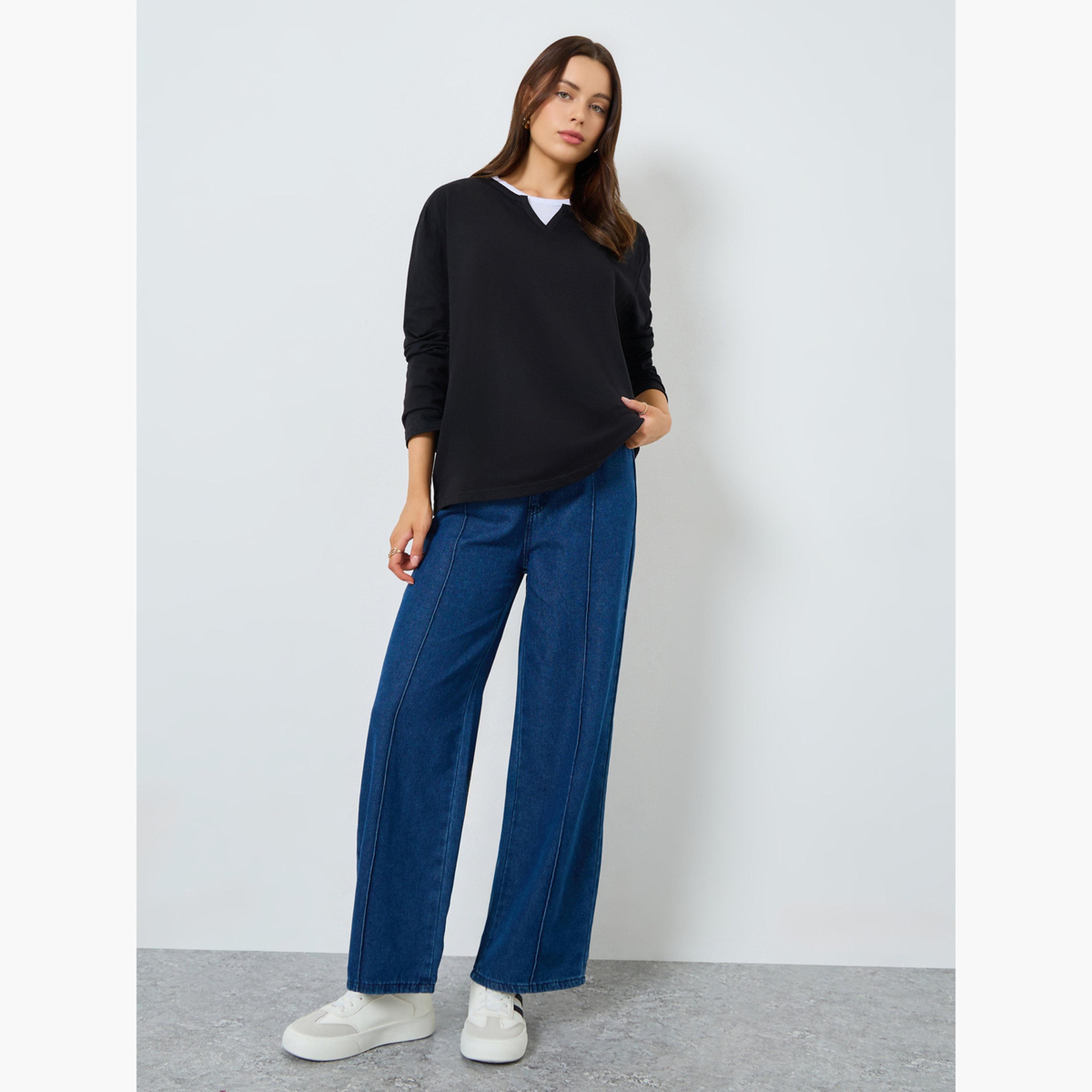 Styli Black Oversized Knit Contrast Neckline T-Shirt-women-clothing-tshirts-image-2