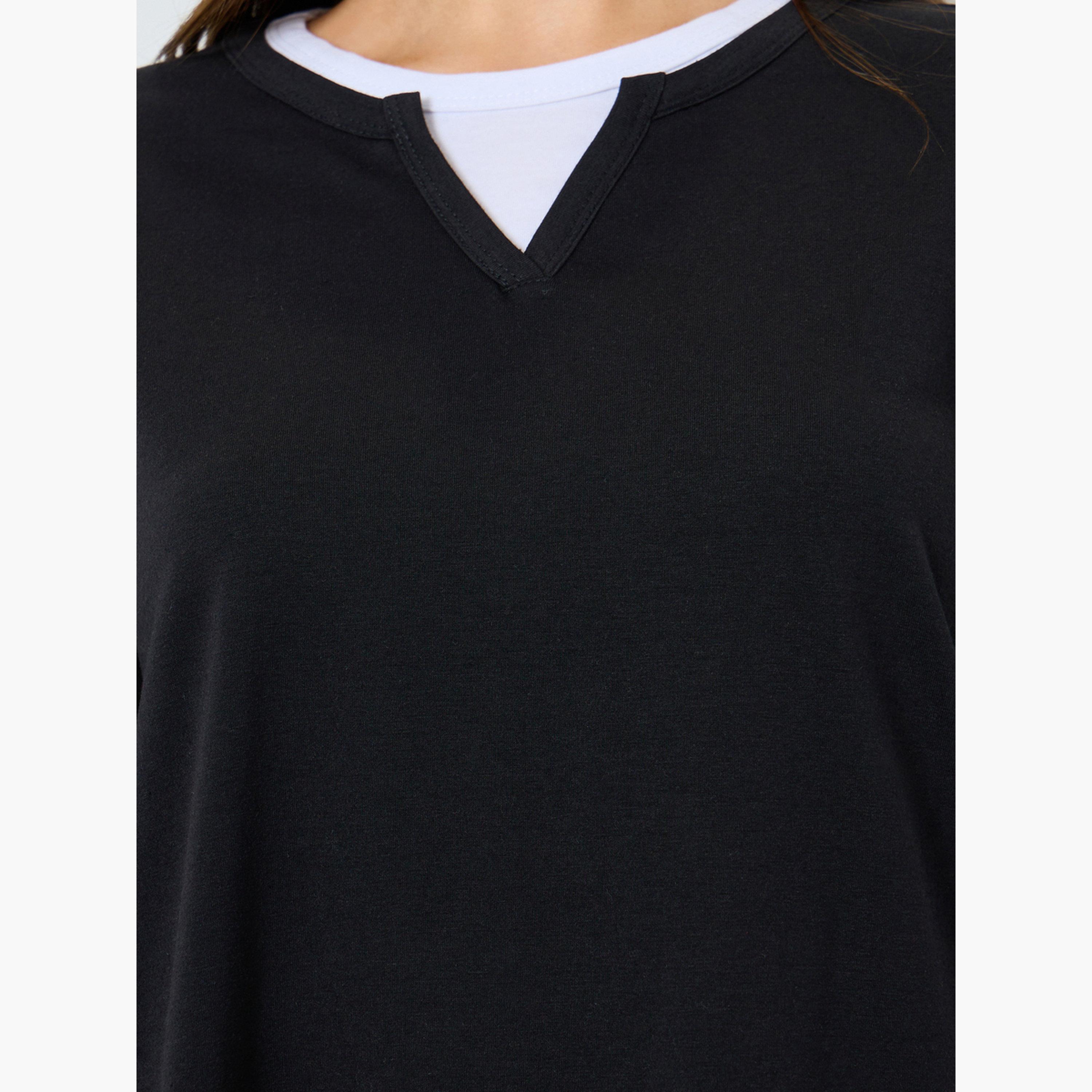 Styli Black Oversized Knit Contrast Neckline T-Shirt-women-clothing-tshirts-image-3