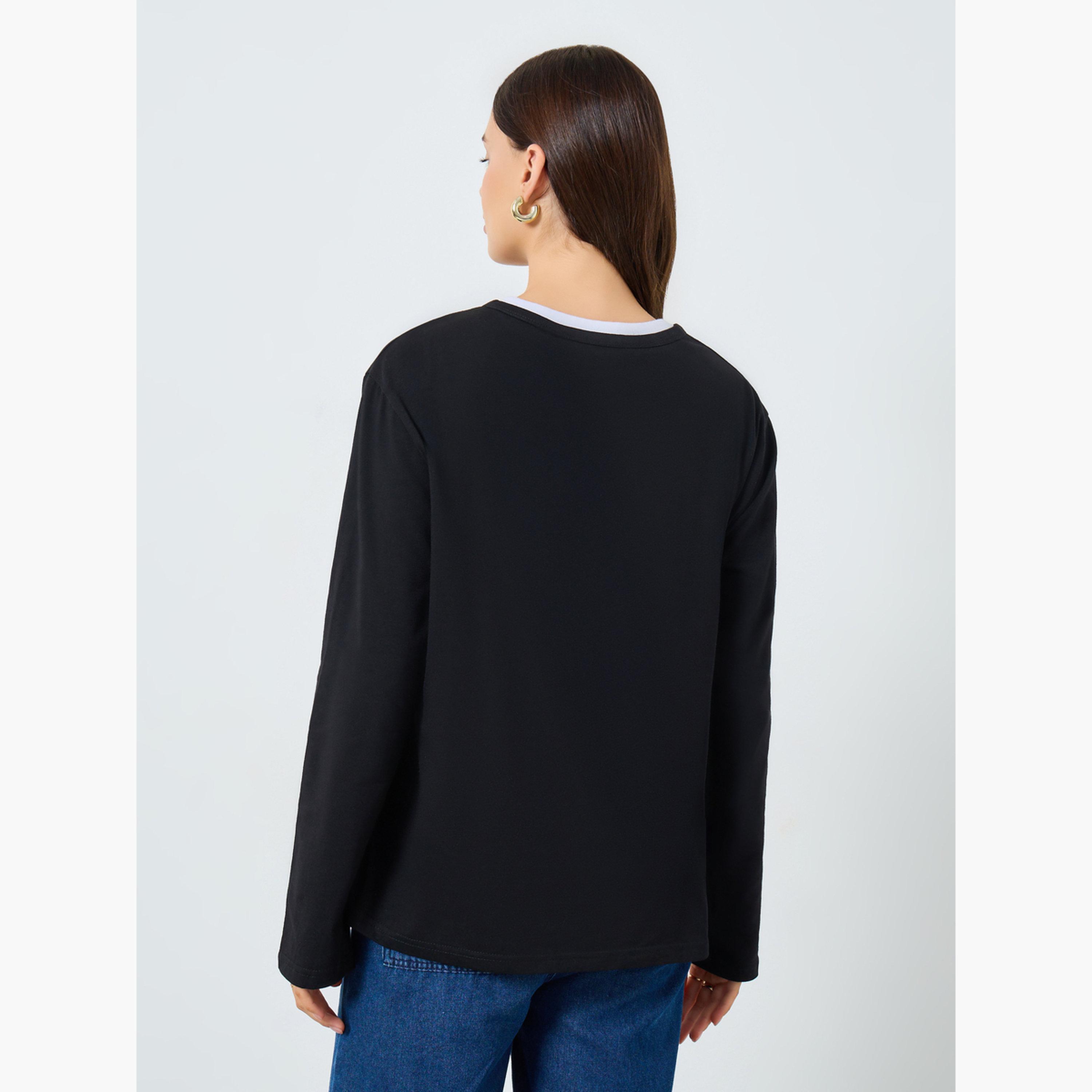 Styli Black Oversized Knit Contrast Neckline T-Shirt-women-clothing-tshirts-image-4