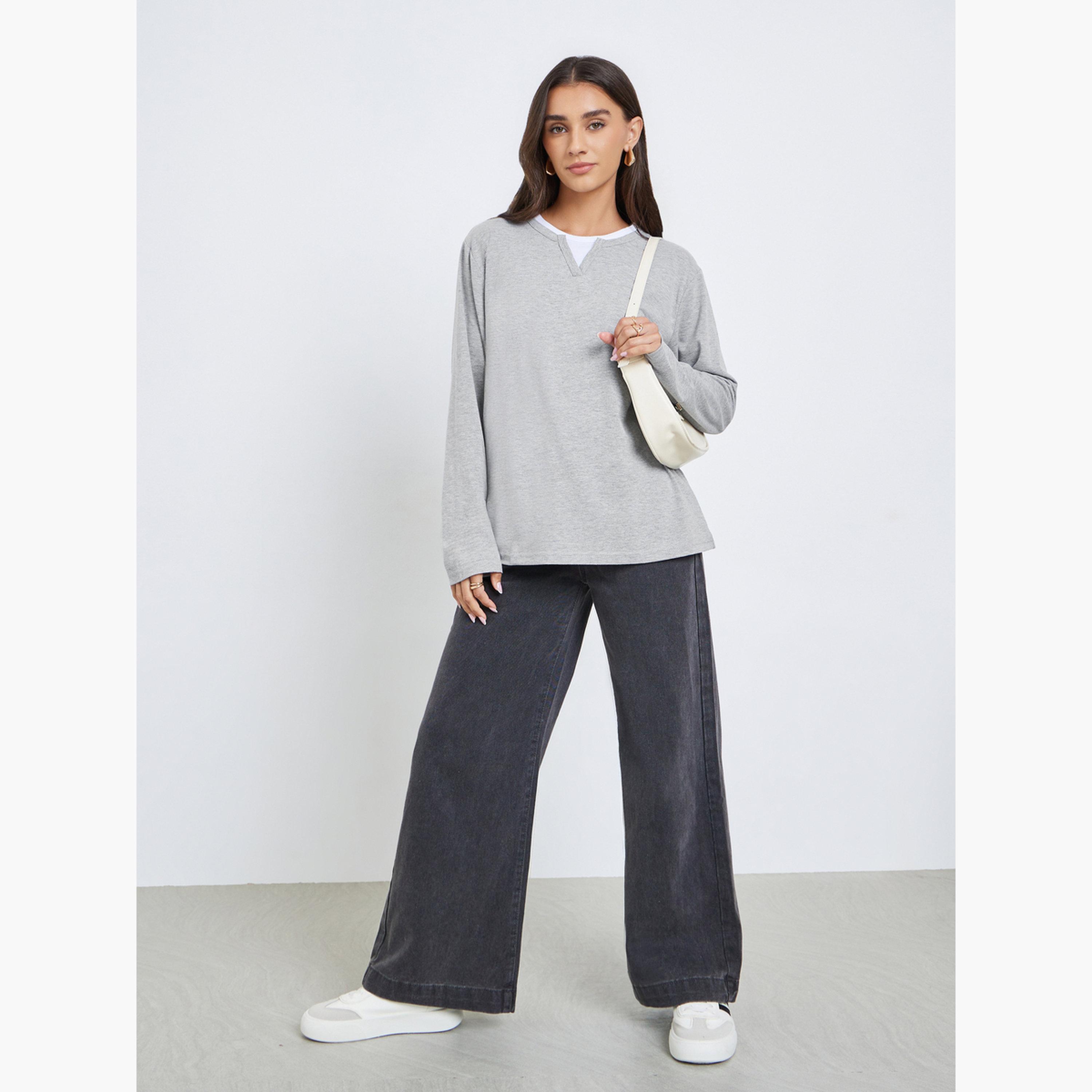 Styli Grey Oversized Knit Contrast Neckline T-Shirt-women-clothing-tshirts-image-2