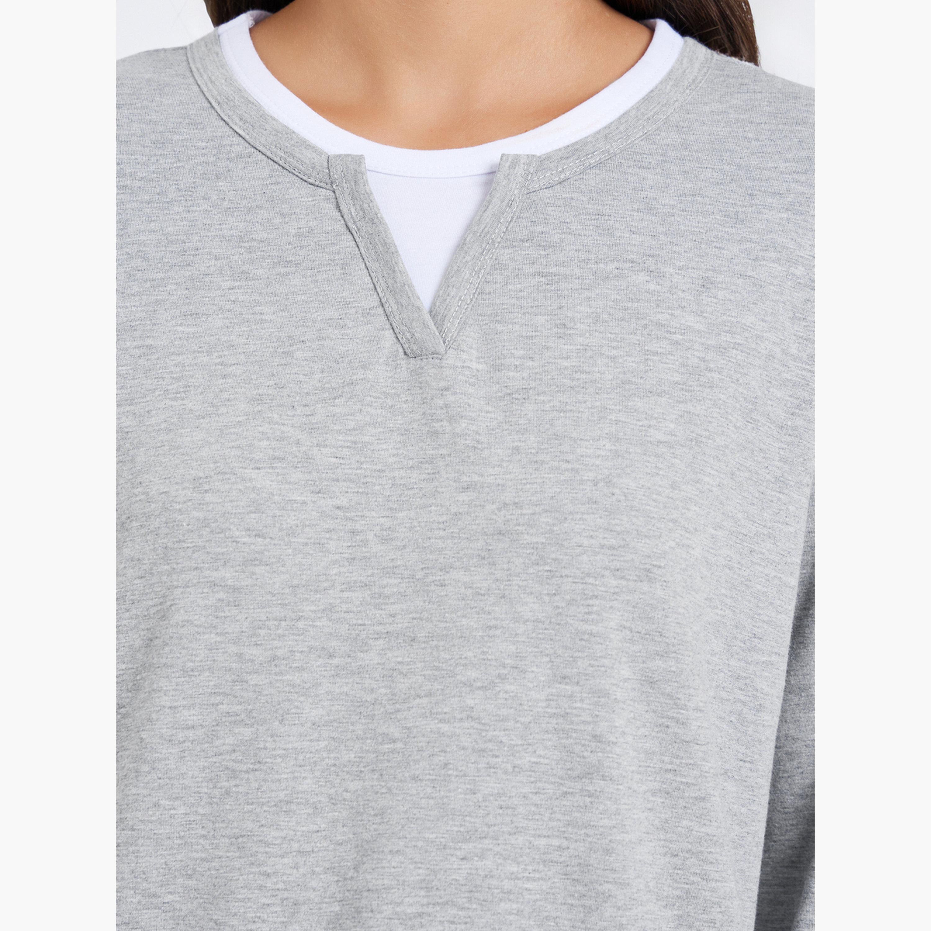 Styli Grey Oversized Knit Contrast Neckline T-Shirt-women-clothing-tshirts-image-3