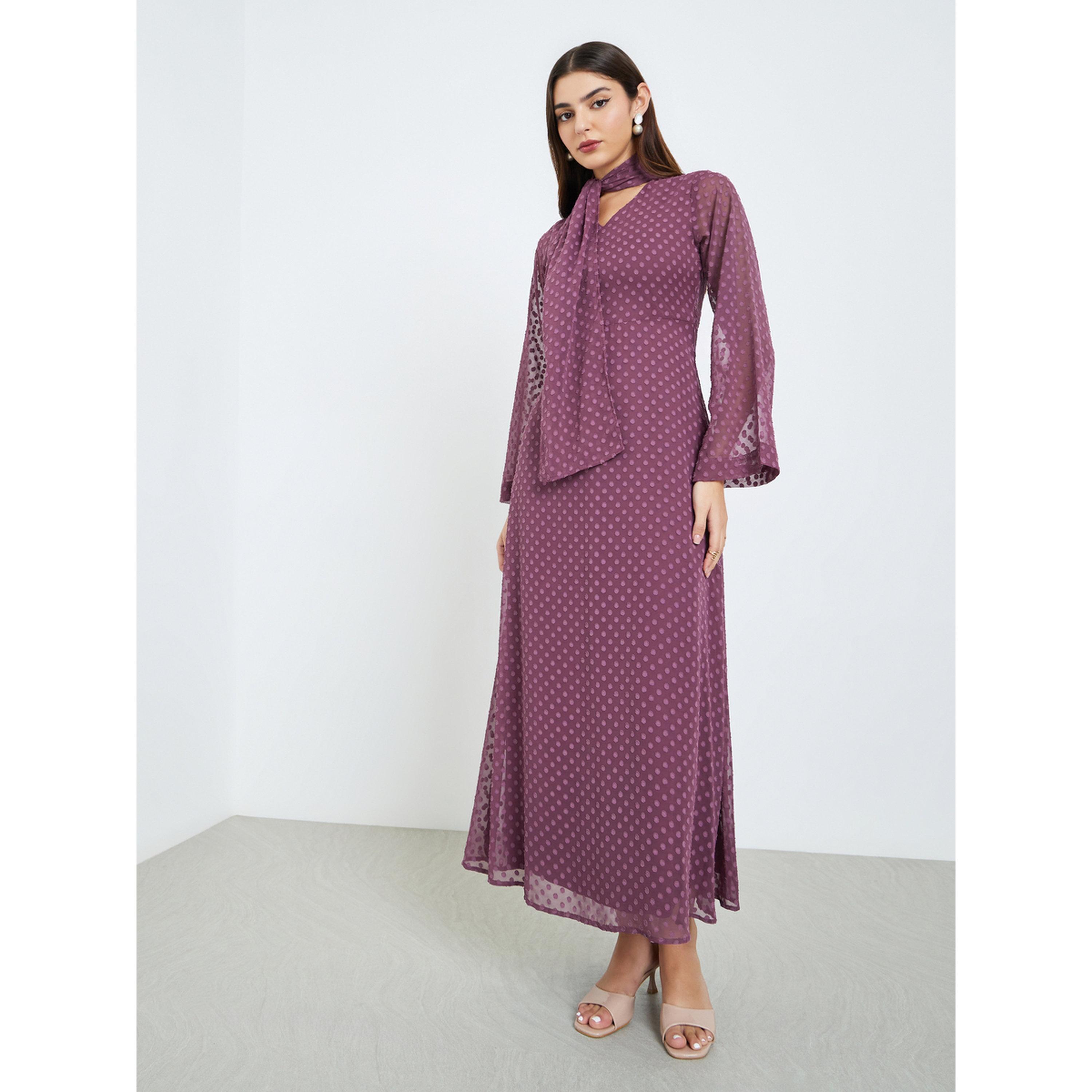 Styli Women Lilac Textured Maxi Dress with Neck Tie Detail-women-clothing-dresses-image-1