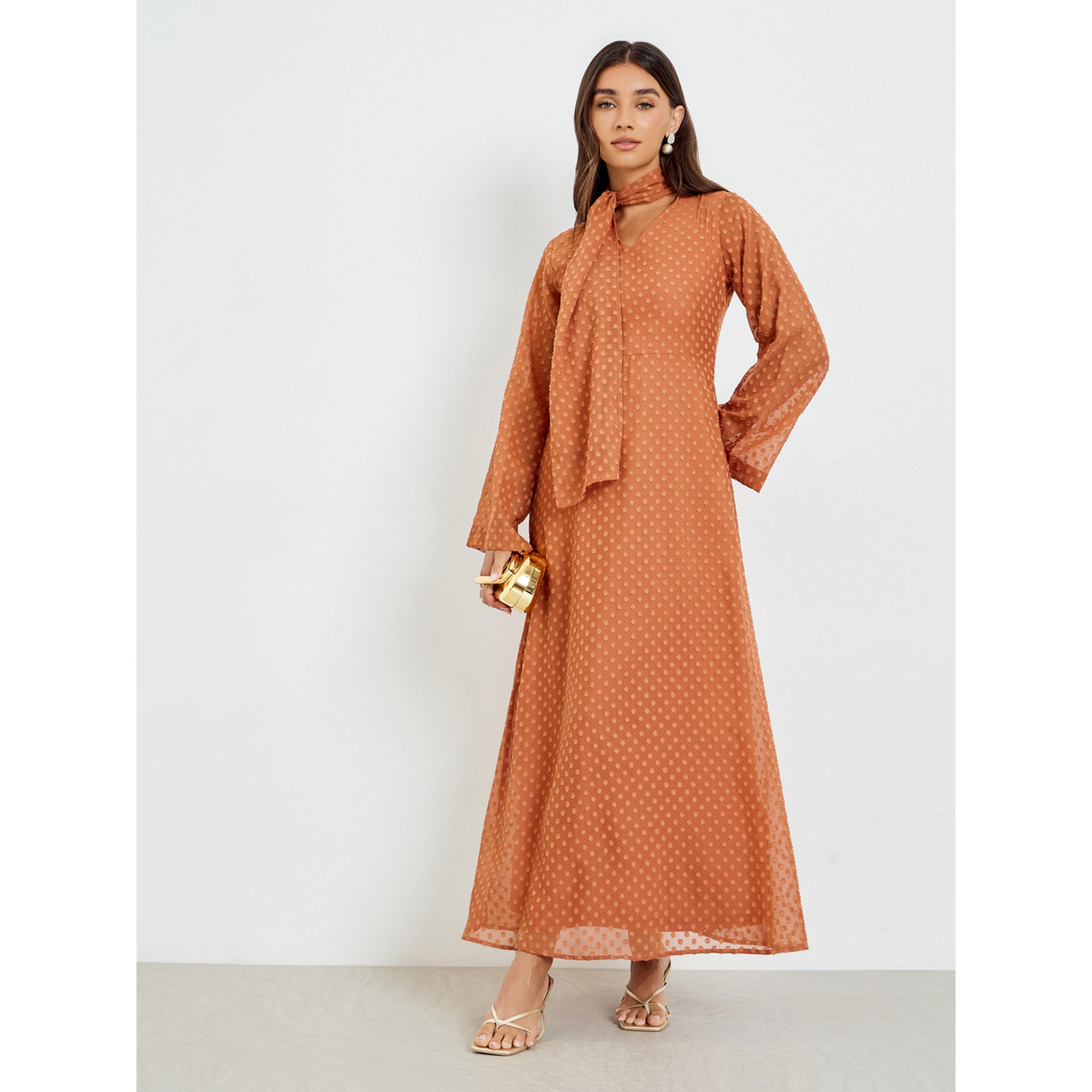 Styli Women Rust Long sleeves Maxi with Neck Scarf-women-clothing-dresses-image-1