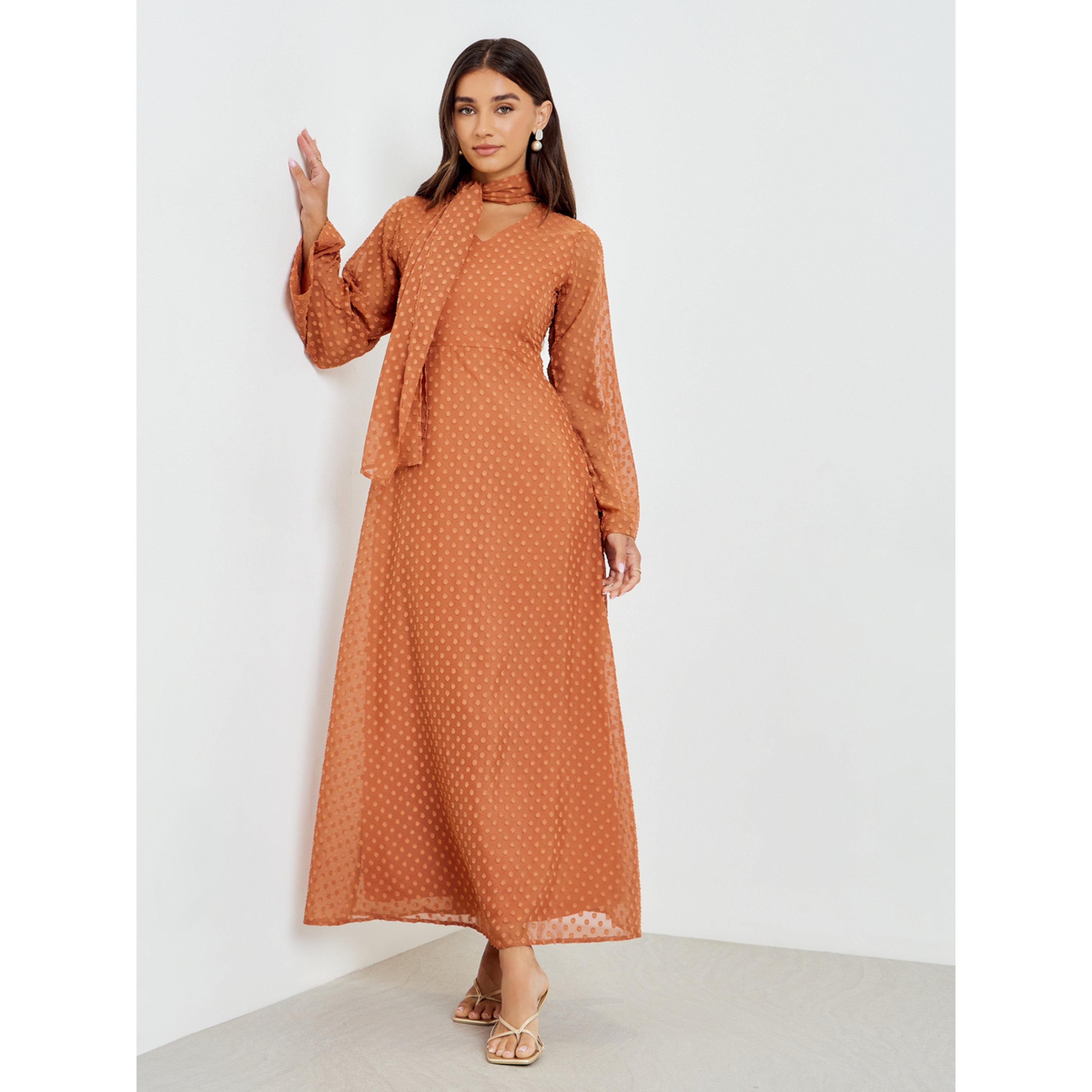 Styli Women Rust Long sleeves Maxi with Neck Scarf-women-clothing-dresses-image-3