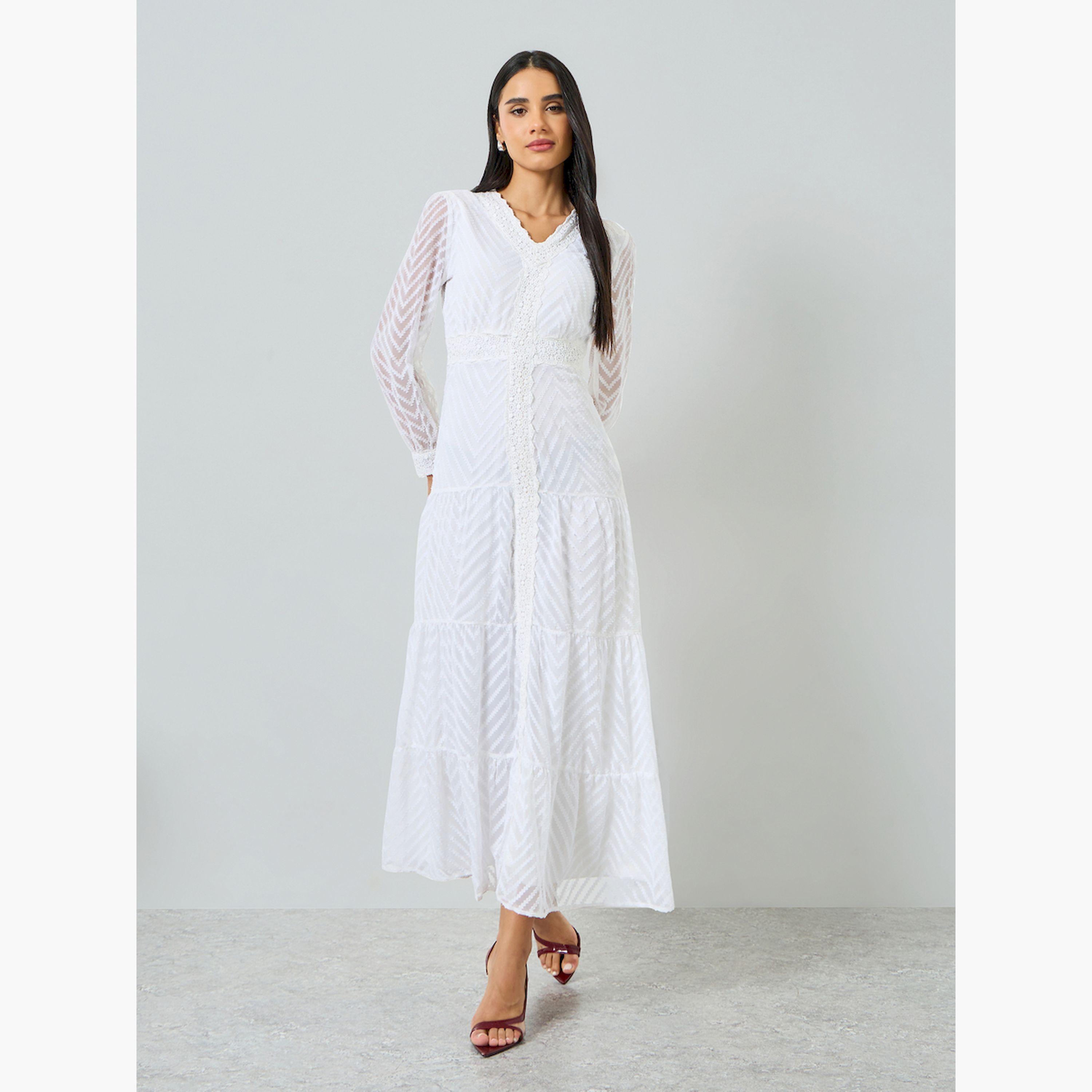 Styli Off-White Lace Insert Long Sleeves Tiered Maxi Dress-women-clothing-dresses-image-1