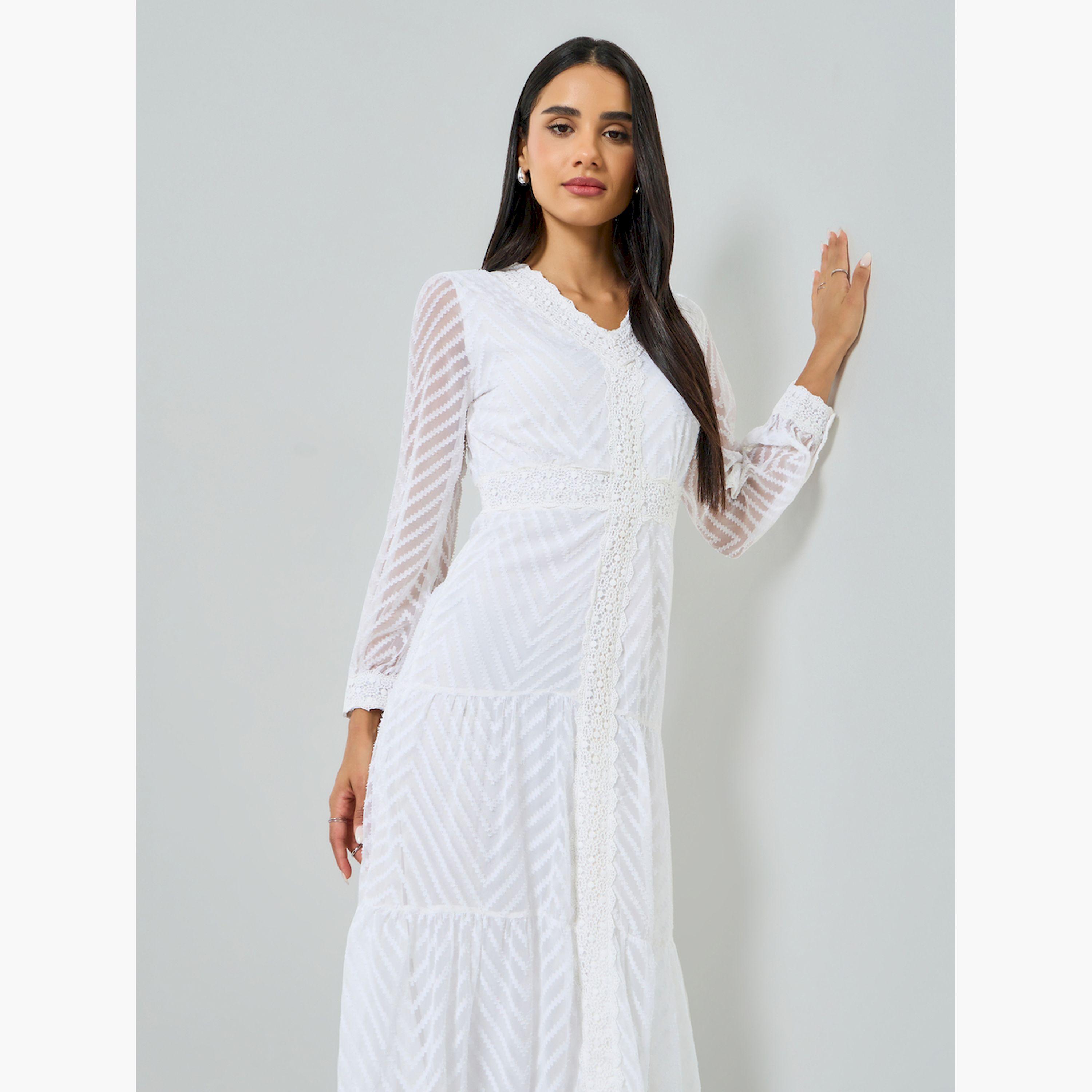 Styli Off-White Lace Insert Long Sleeves Tiered Maxi Dress-women-clothing-dresses-image-2