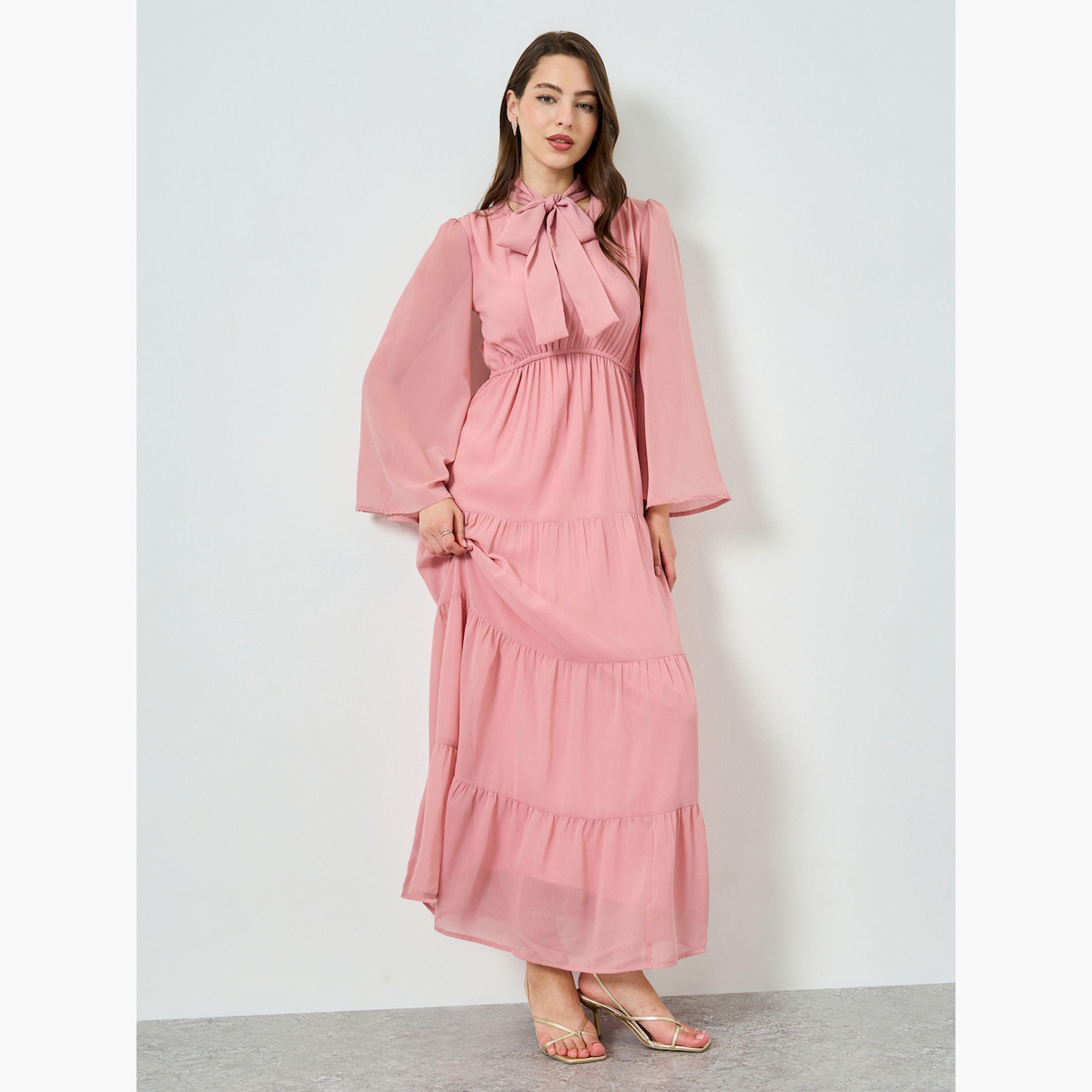 فستان طويل متعدد الطبقات برباط عنق-women-clothing-dresses-image-1