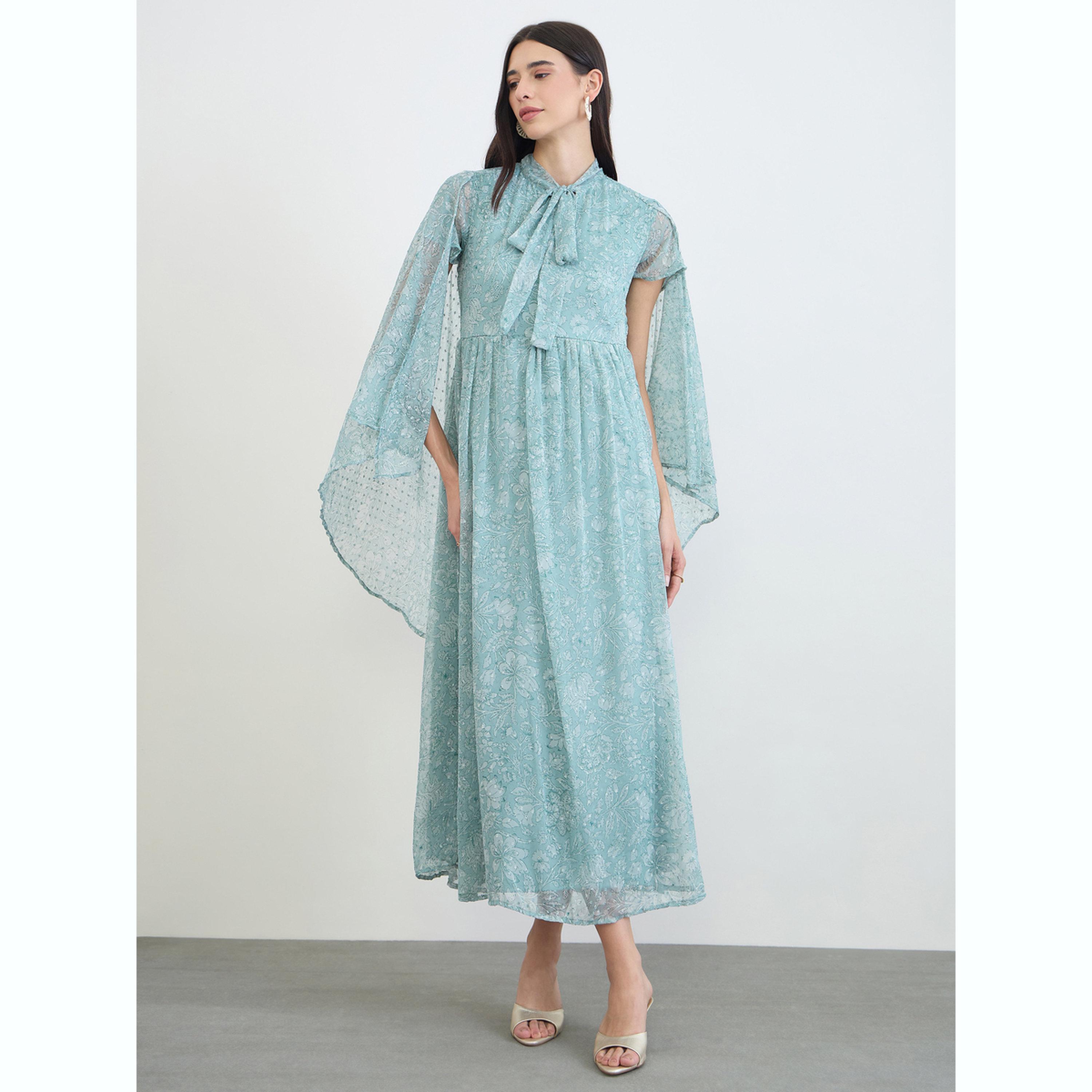 Styli Green Floral Print Dobby Cape Maxi Dress-women-clothing-dresses-image-1