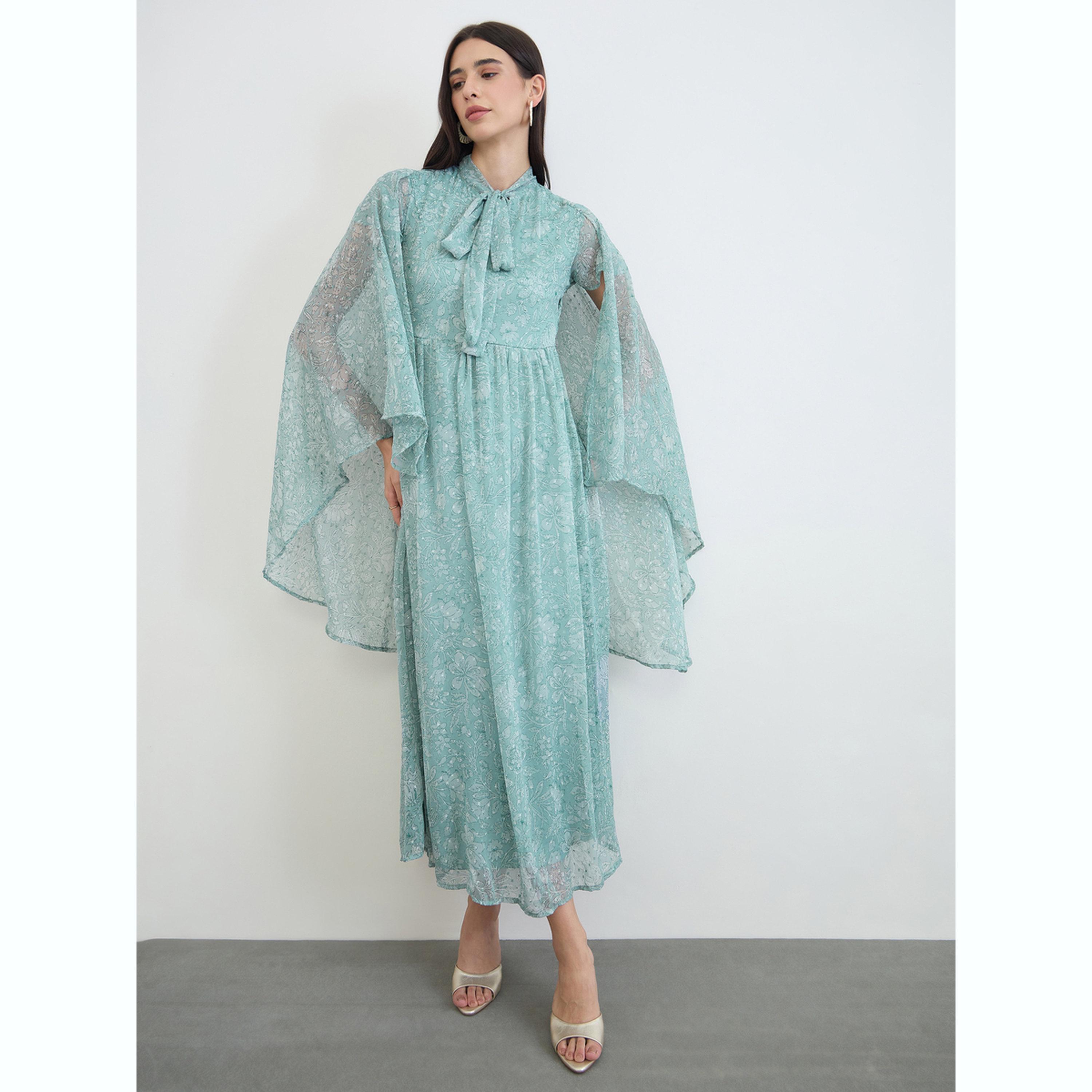 Styli Green Floral Print Dobby Cape Maxi Dress-women-clothing-dresses-image-2