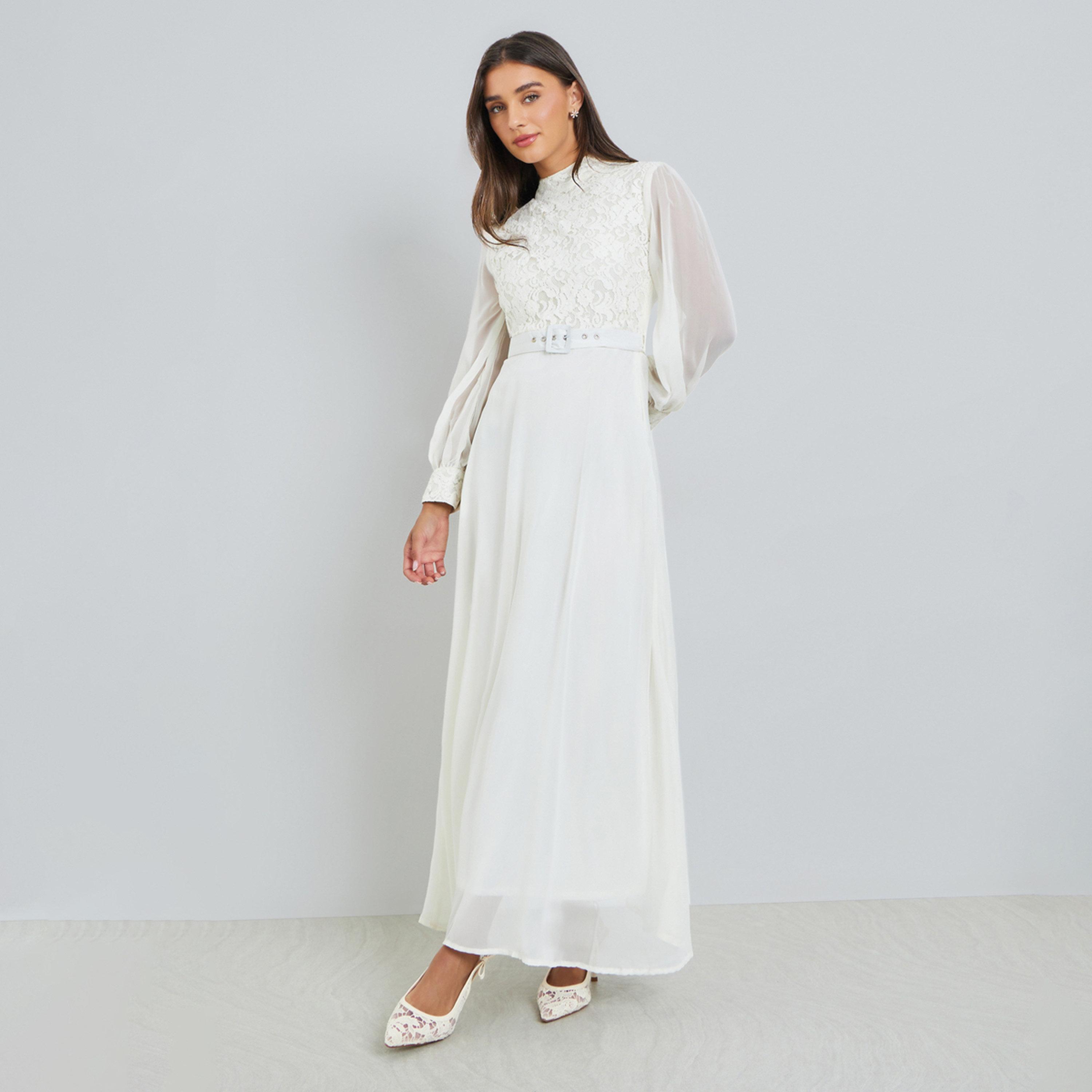 فستان طويل بتفاصيل دانتيل مع حزام-women-clothing-dresses-image-1
