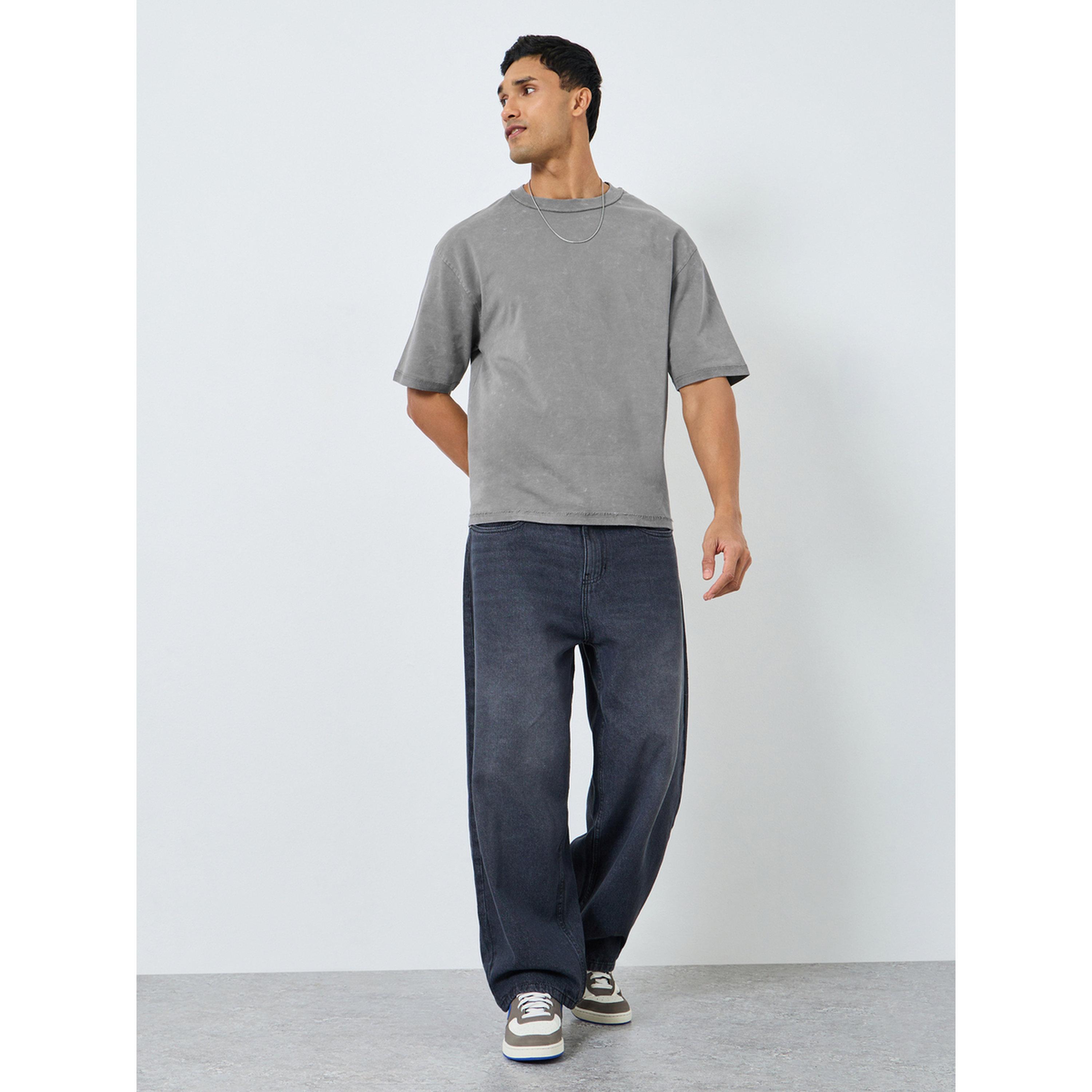 تيشيرت تيري مضلع واسع بحواف منسلة ونمط مغسول-men-clothing-tshirtsandpolos-tshirts-image-2