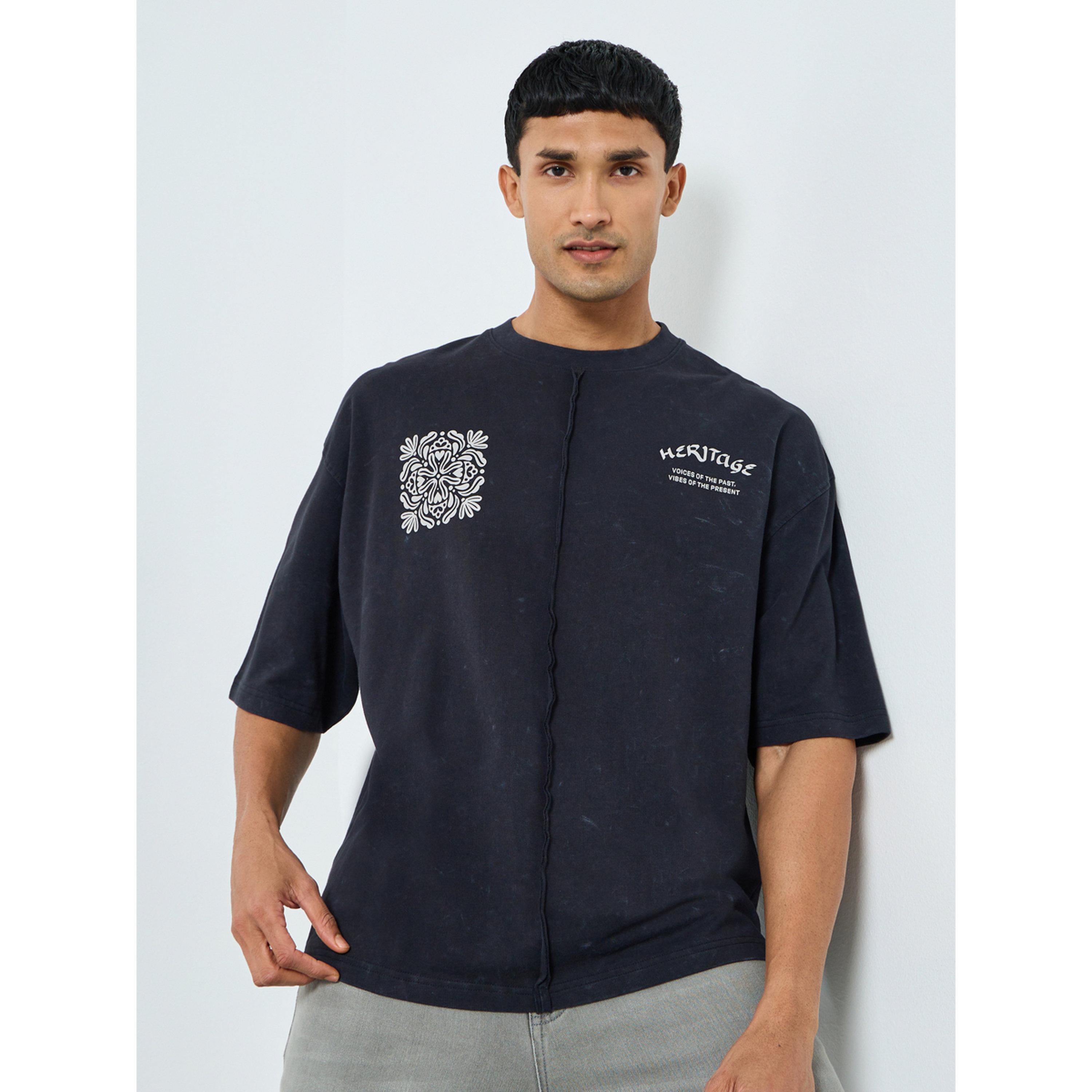 Styli Men Black Boxy Acid Wash Graphic Print T-Shirt-men-clothing-tshirtsandpolos-tshirts-image-1