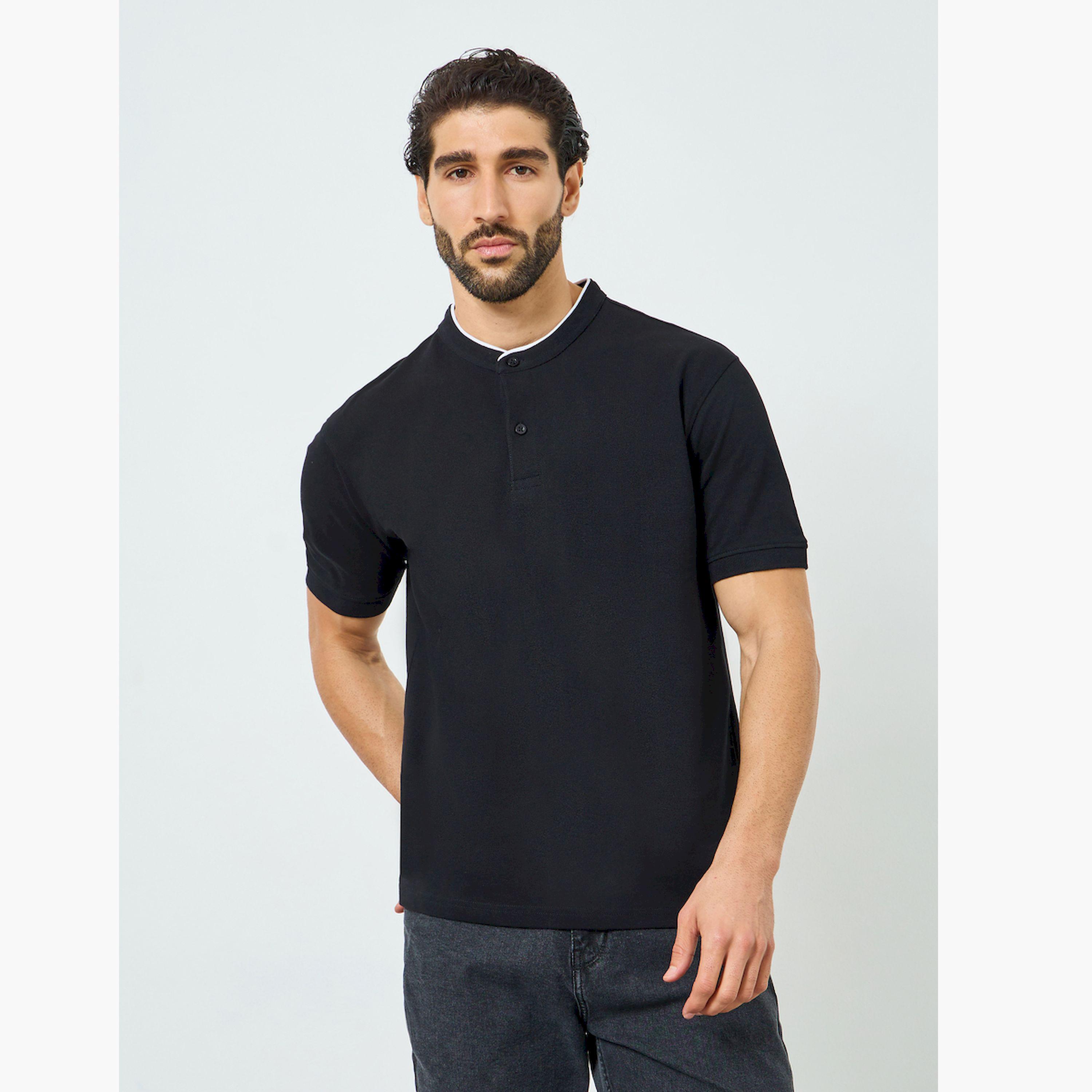 Styli Men Black Stand Collar Relaxed Pique Polo-men-clothing-tshirtsandpolos-polos-image-1