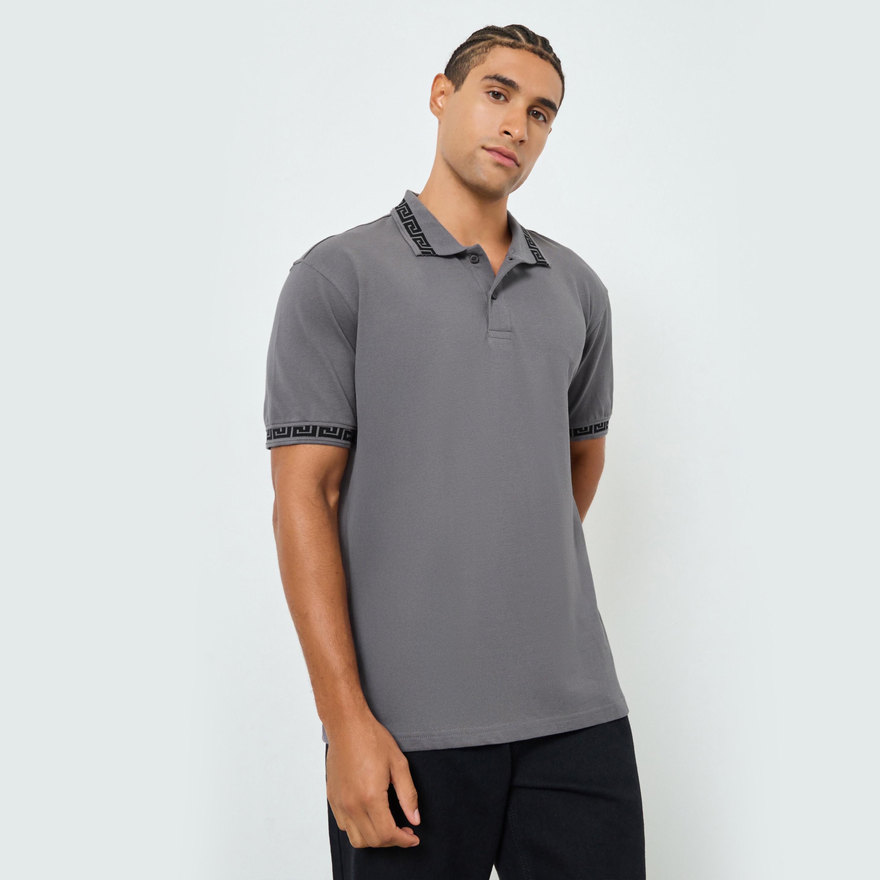 Styli Men Grey Jacquard Collar Relaxed Fit Polo-men-clothing-tshirtsandpolos-polos-image-1