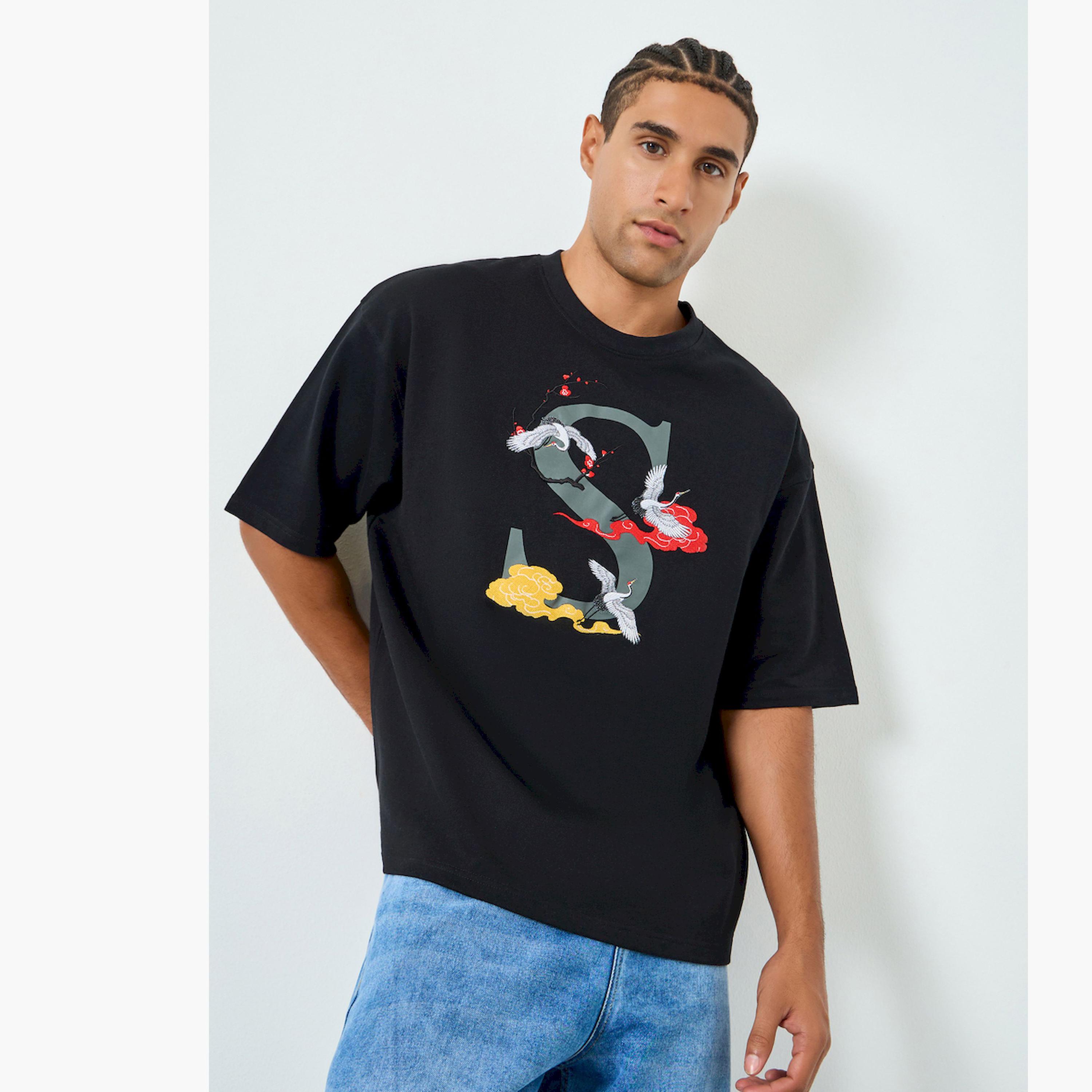 Styli Men Black Embroidered Oversized Terry T-Shirt-men-clothing-tshirtsandpolos-tshirts-image-1