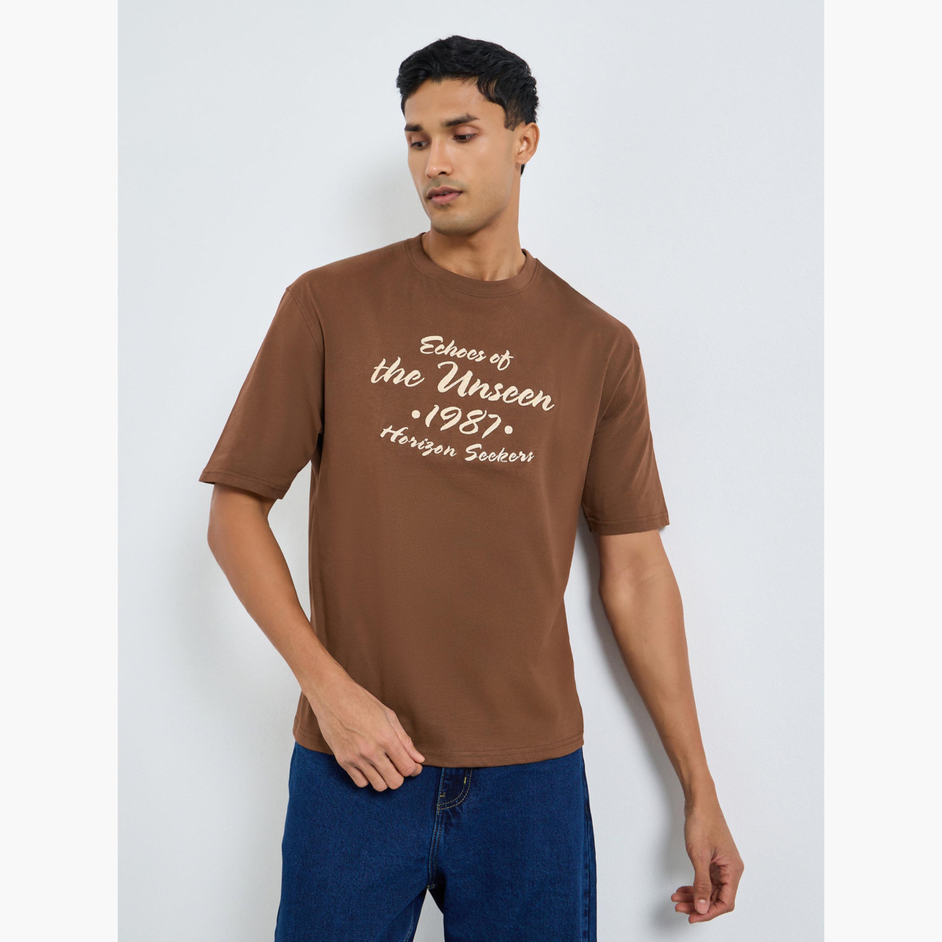 Styli Men Brown Embroidered Slogan Oversized T-Shirt-men-clothing-tshirtsandpolos-tshirts-image-1