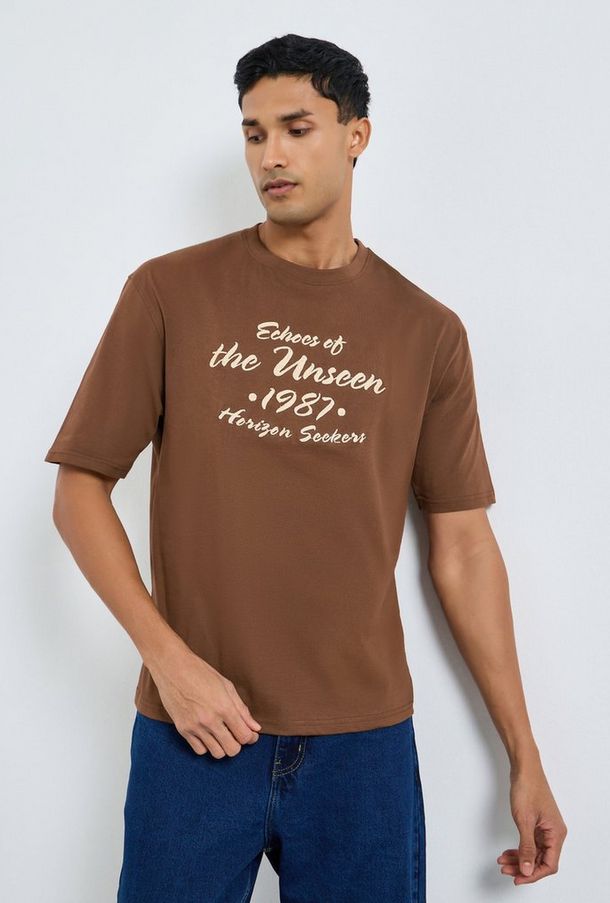 Styli Men Brown Embroidered Slogan Oversized T-Shirt-men-clothing-tshirtsandpolos-image-1