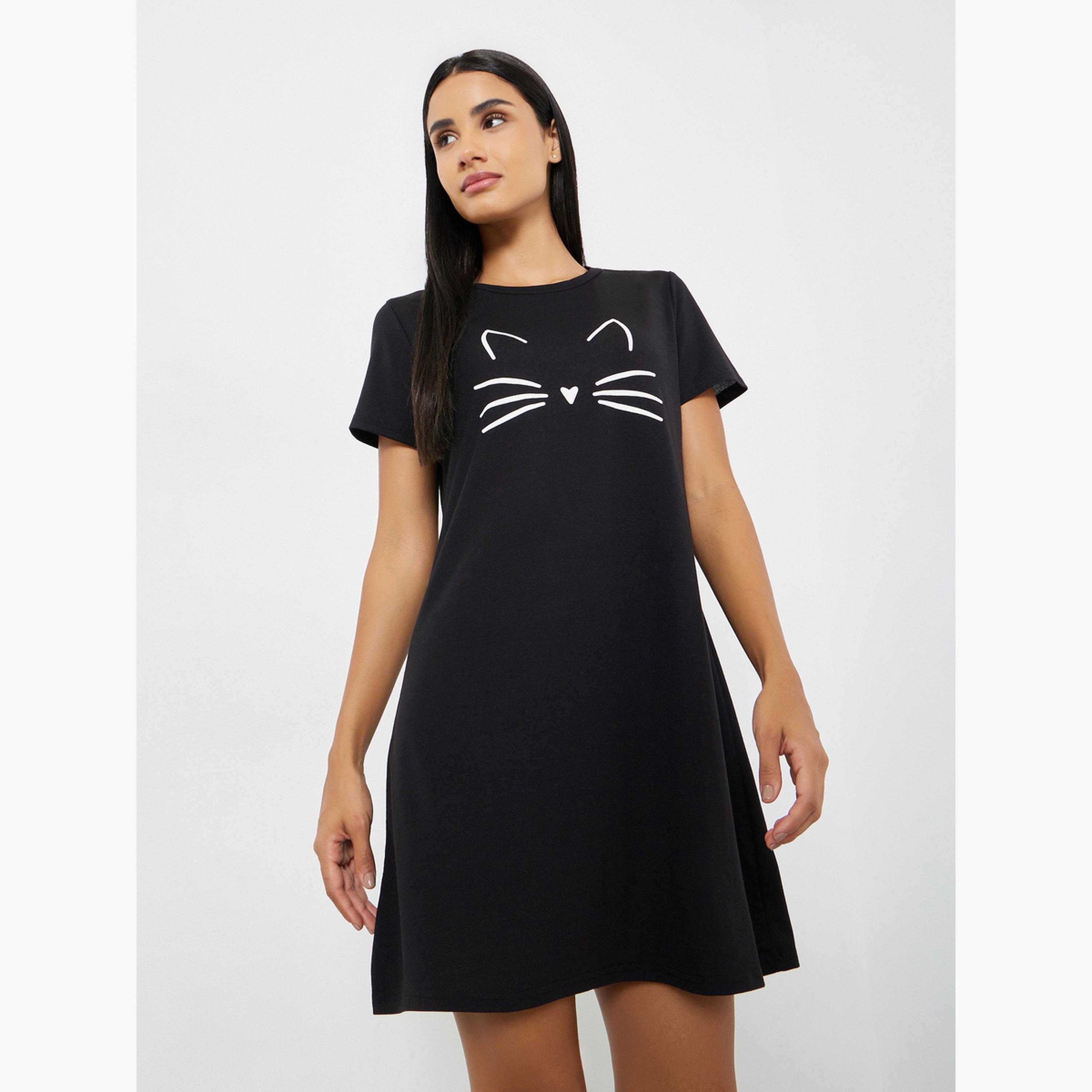Styli Graphic Cat Print Sleep T-Shirt Dress-women-clothing-nightwear-nighties-image-1