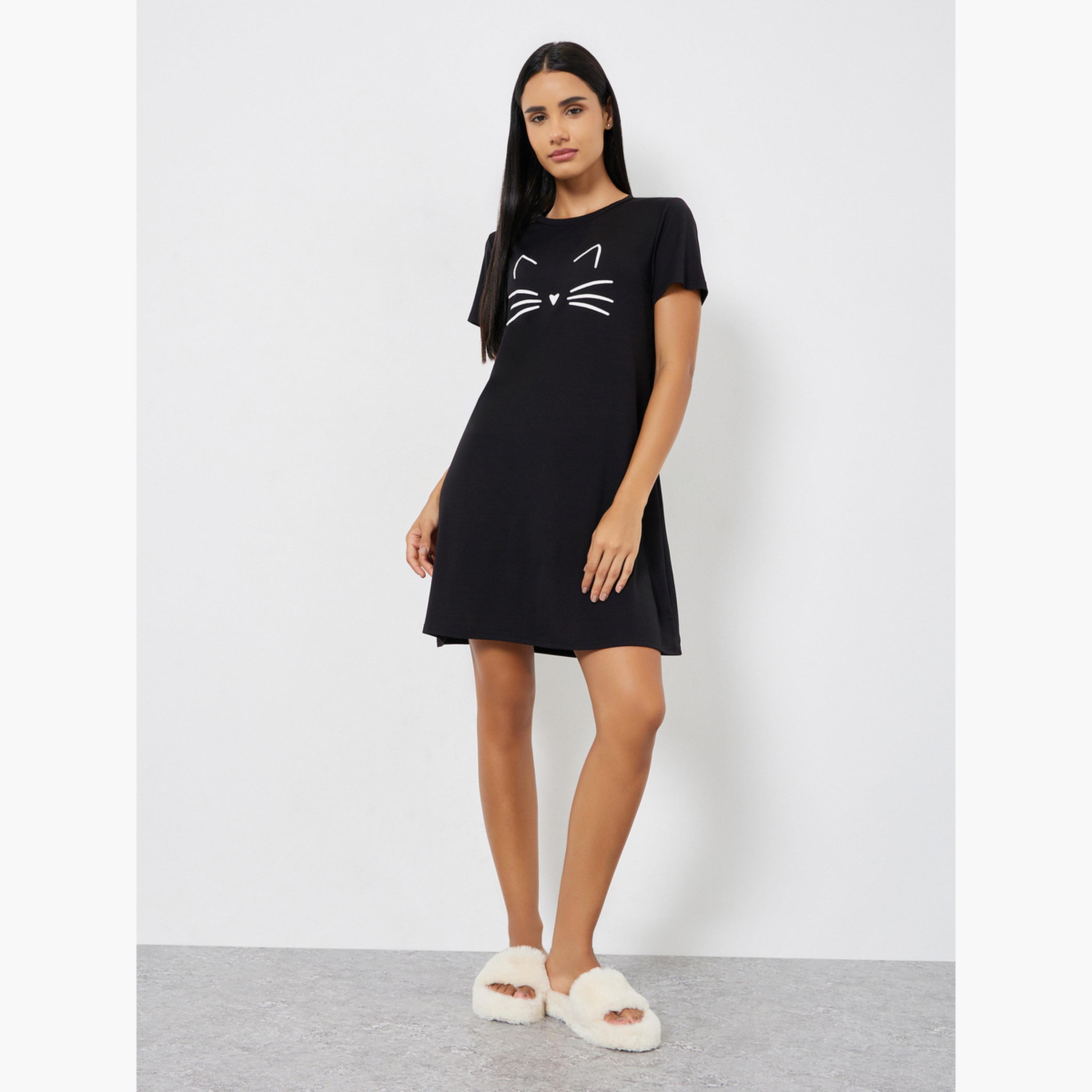 Styli Graphic Cat Print Sleep T-Shirt Dress-women-clothing-nightwear-nighties-image-2