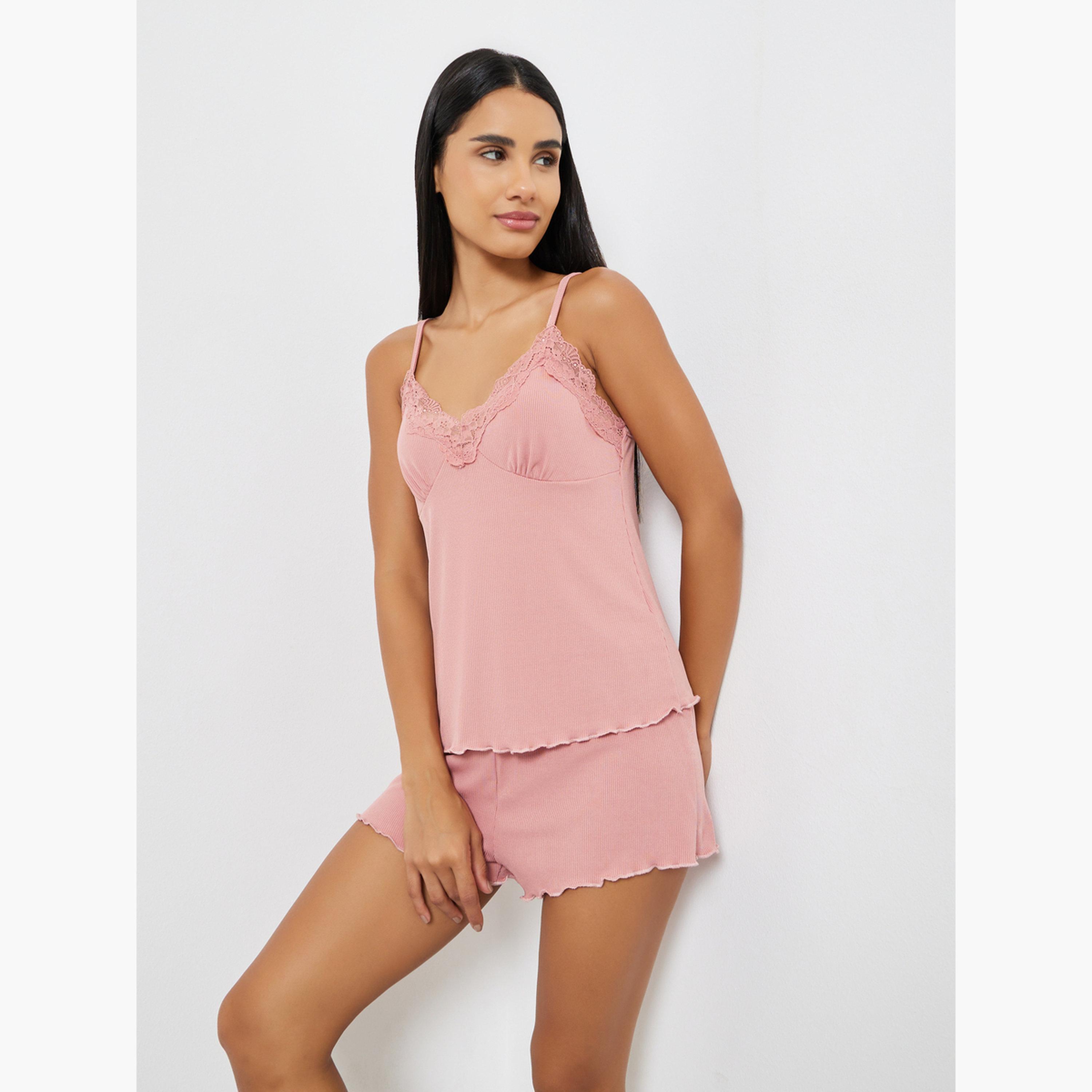 Styli Rib Texture Lettuce Hem Cami and Shorts Set-women-clothing-nightwear-pyjamas-shortsets-image-2