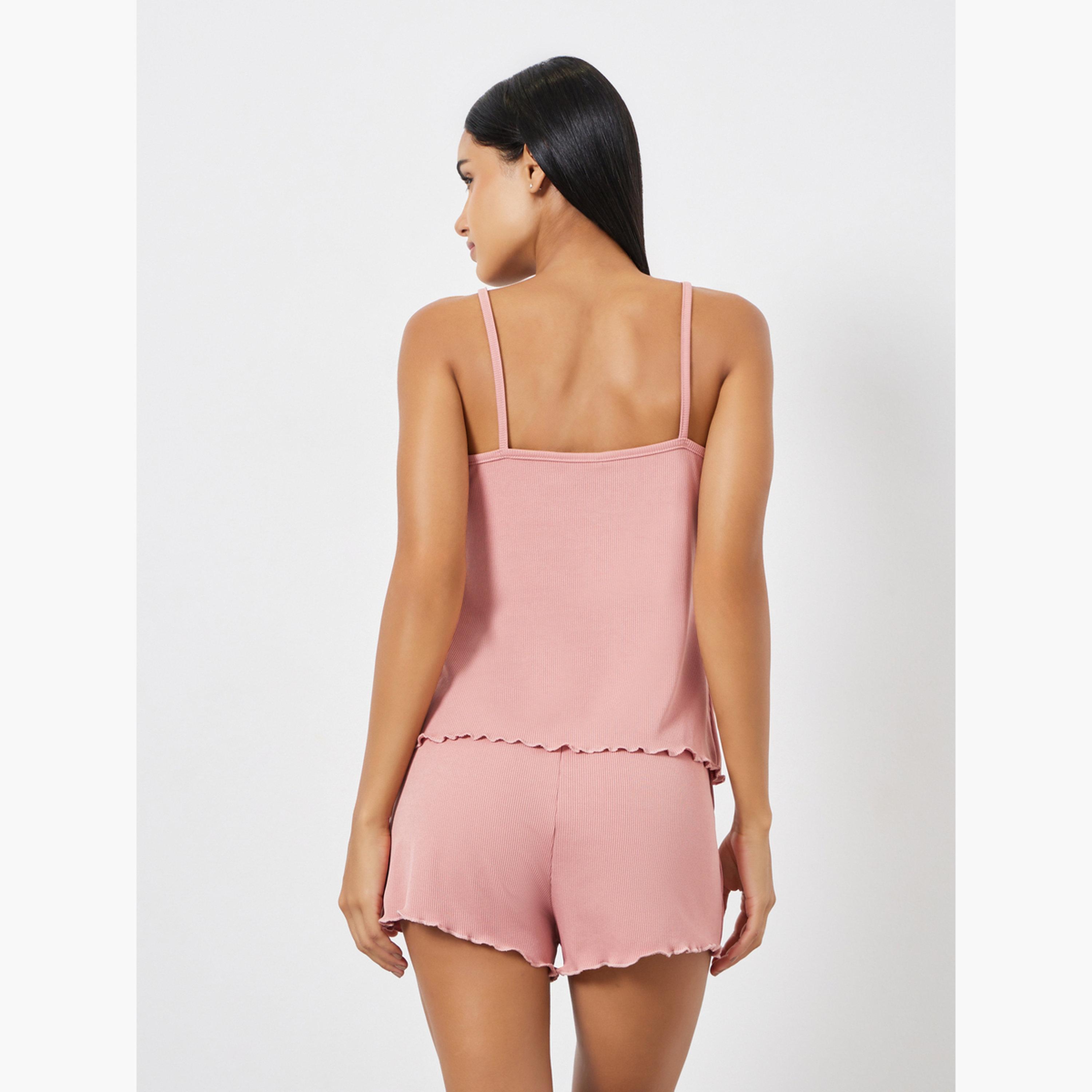طقم شورت وبلوزة كامي مضلعة بحواف مموجة-women-clothing-nightwear-pyjamas-shortsets-image-3