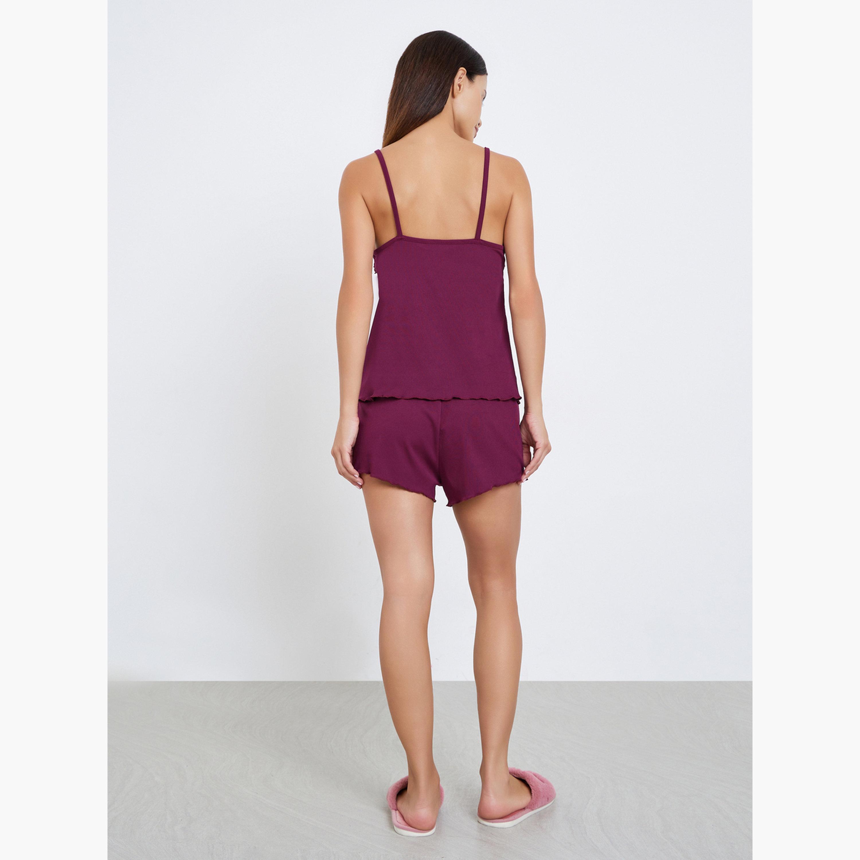 طقم شورت وبلوزة كامي مضلعة بحواف مموجة-women-clothing-nightwear-pyjamas-shortsets-image-3