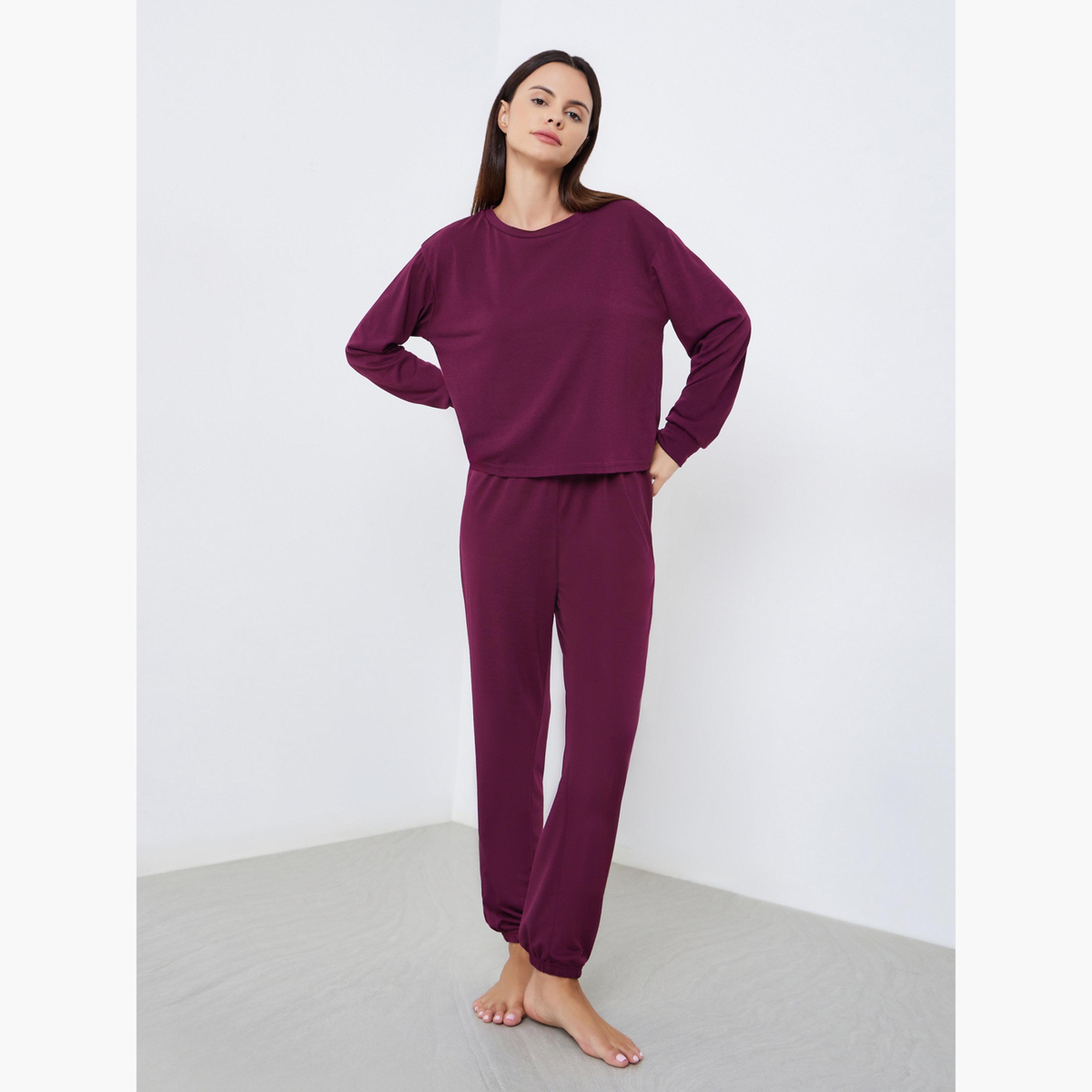 طقم بيجاما بأساور وبلوزة سادة بكتف منسدل وأكمام طويلة-women-clothing-nightwear-pyjamas-longsets-image-1