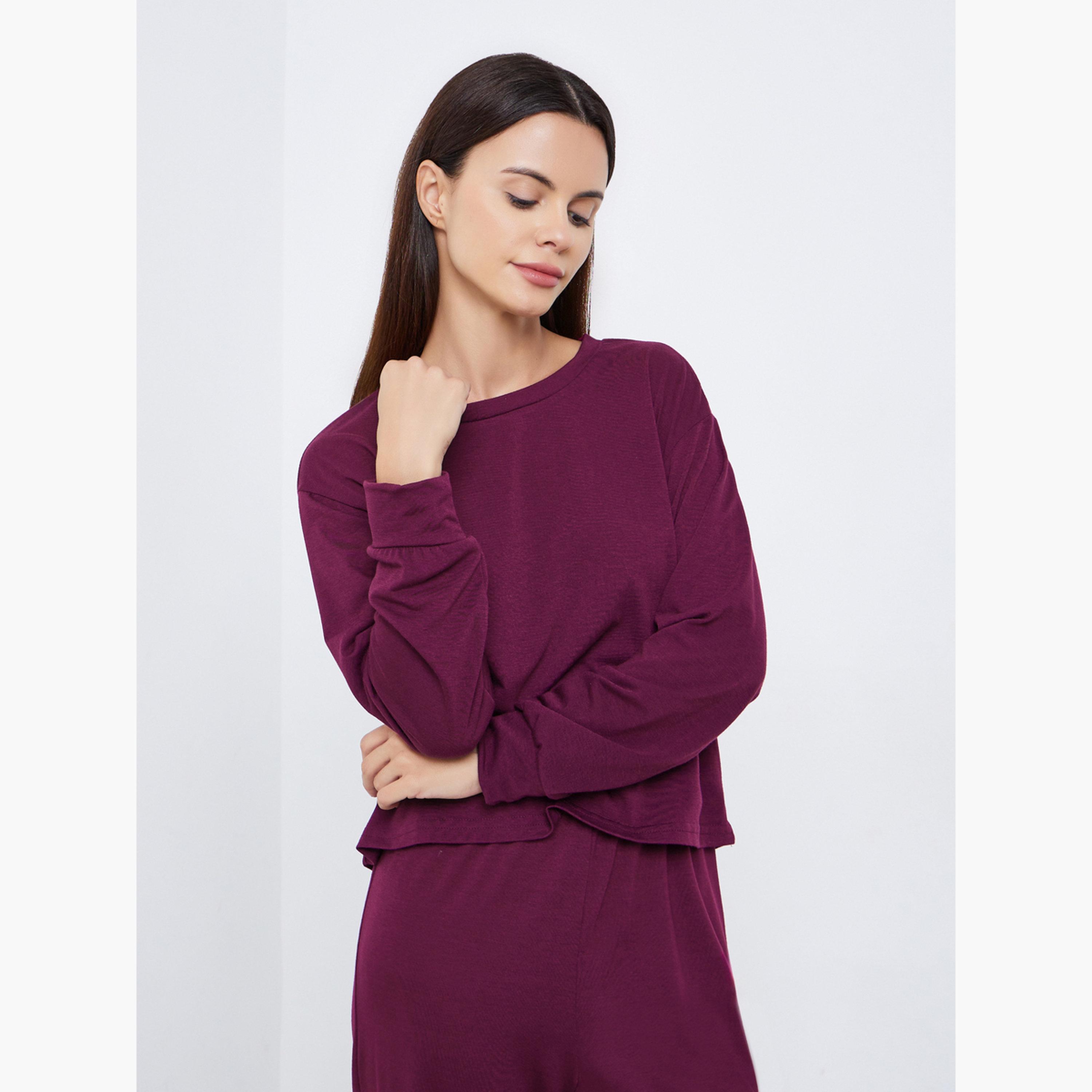 Styli Solid Drop Shoulder Long Sleeve Top and Cuffed Pyjama Set-women-clothing-nightwear-pyjamas-longsets-image-2