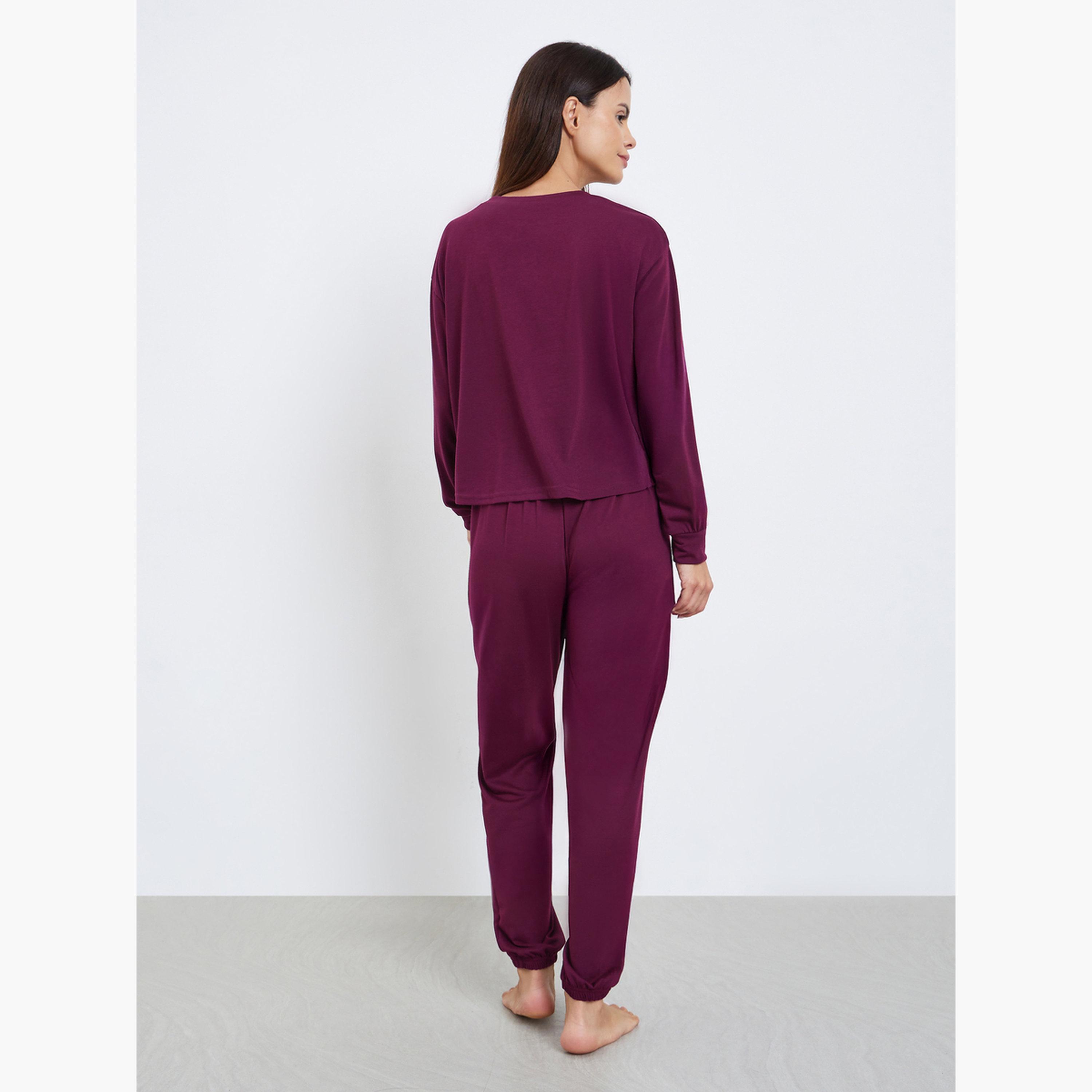Styli Solid Drop Shoulder Long Sleeve Top and Cuffed Pyjama Set-women-clothing-nightwear-pyjamas-longsets-image-3
