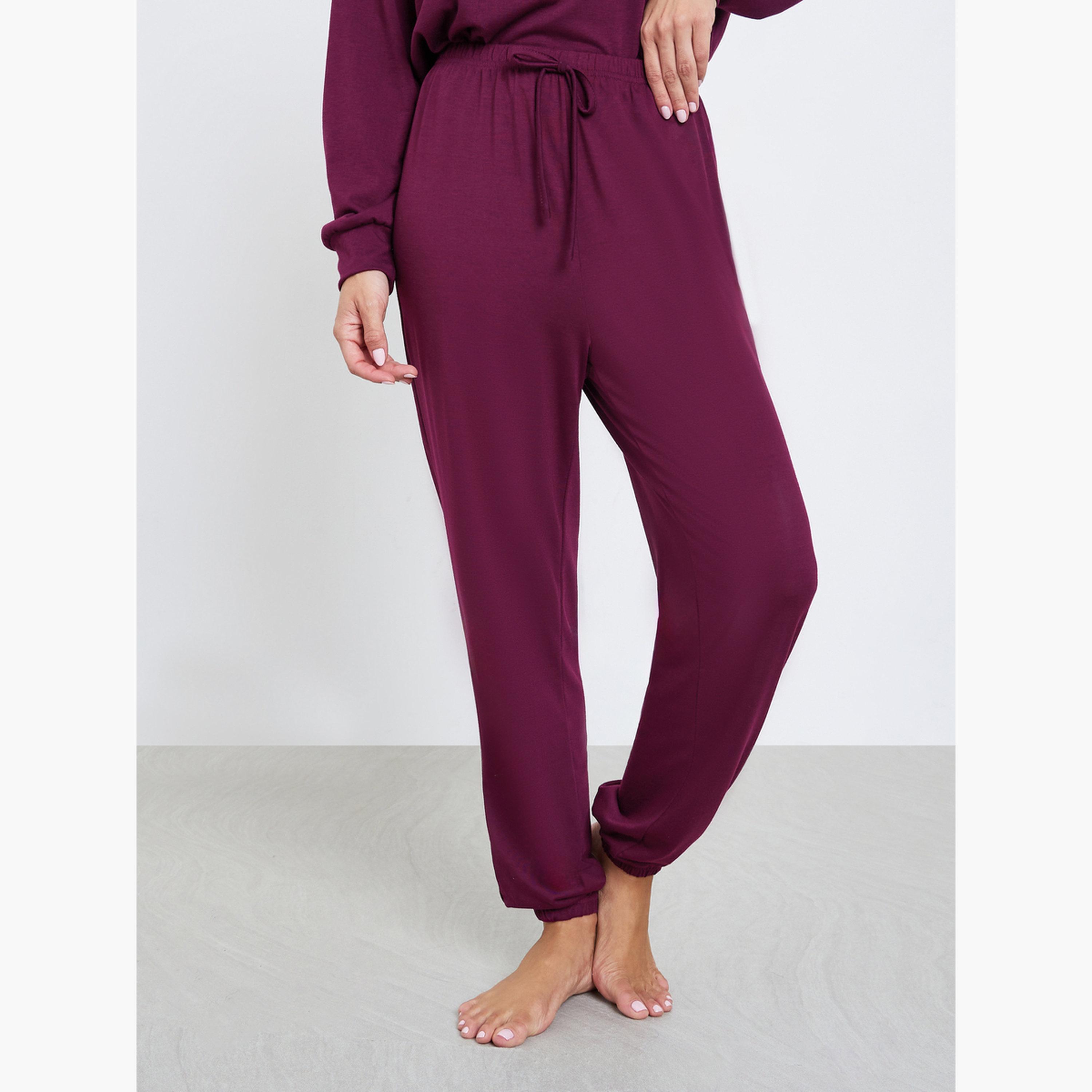 طقم بيجاما بأساور وبلوزة سادة بكتف منسدل وأكمام طويلة-women-clothing-nightwear-pyjamas-longsets-image-4